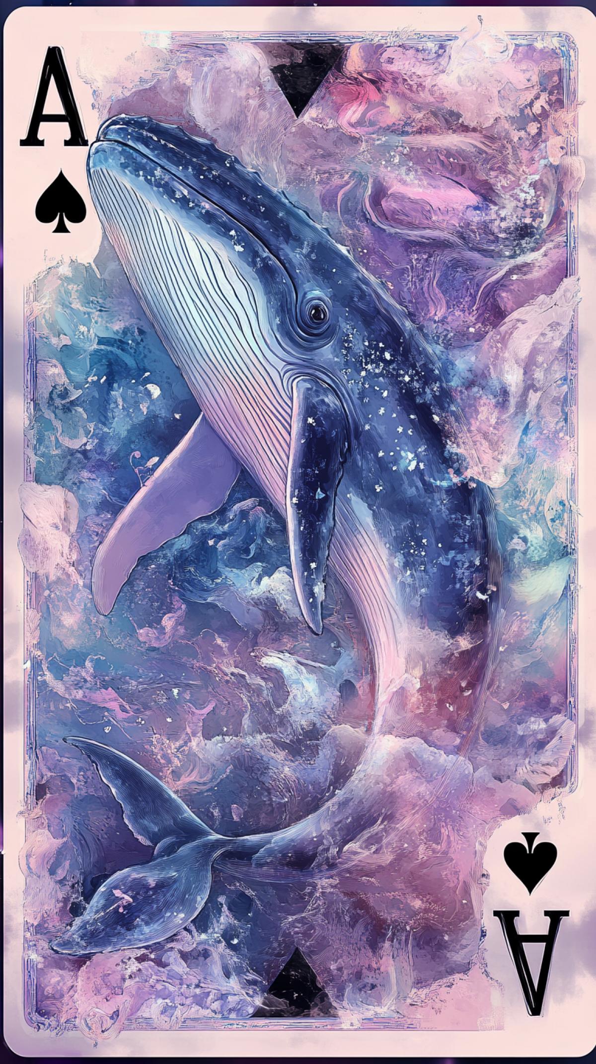Ace of Spades playing card featuring a blue whale, pastel colors, high detail, fashion photography style, high resolution