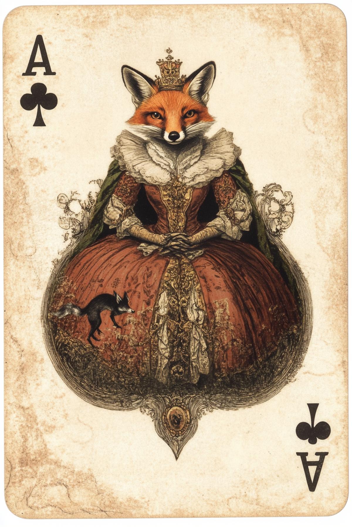 On the playing card of ace, a lady depicting a fox in the queens robe