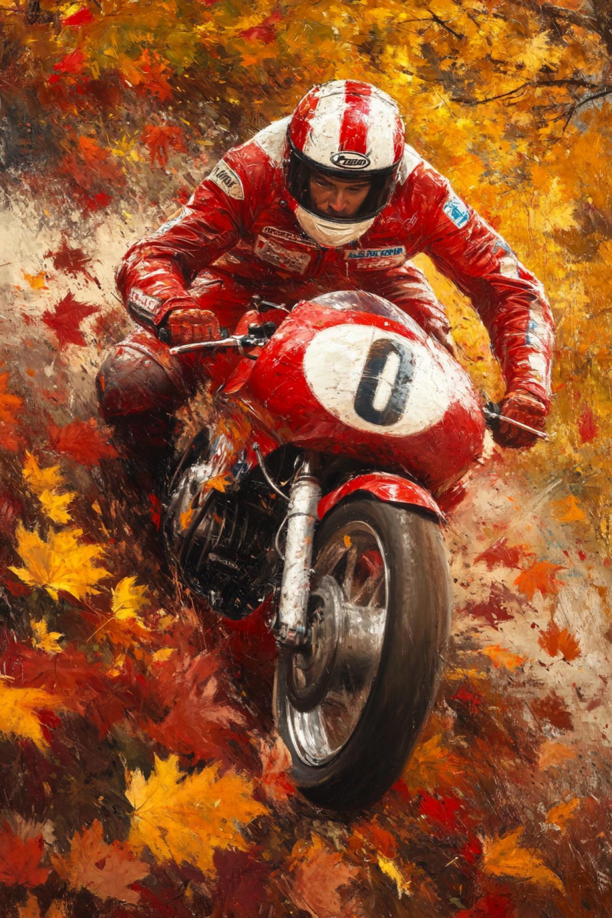 Shadows of motorcycle racers of the past become reality, dynamics, speed, double exposure, motorcycles of the past turn into modern motorcycles, bright ornament of autumn leaves, volume, surreal scene. In one picture, the whole history of motorcycle racing.