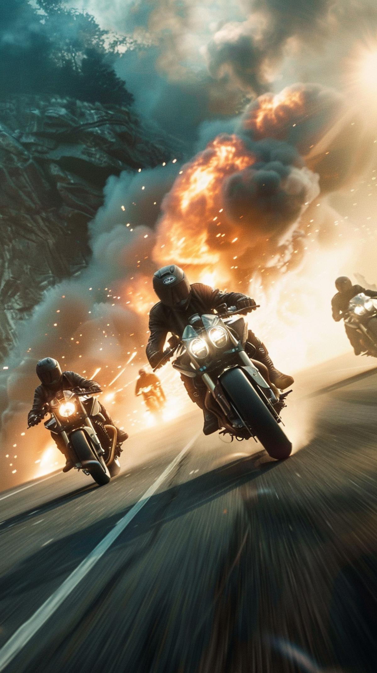 The dynamic scene of the motorcycle races from the film actor Evgeny Leonov is involved in the motorcycles of an image in which powerful motorcycles and brave racers rush along a winding highway, leaving the flashes of light and smoke from rubber