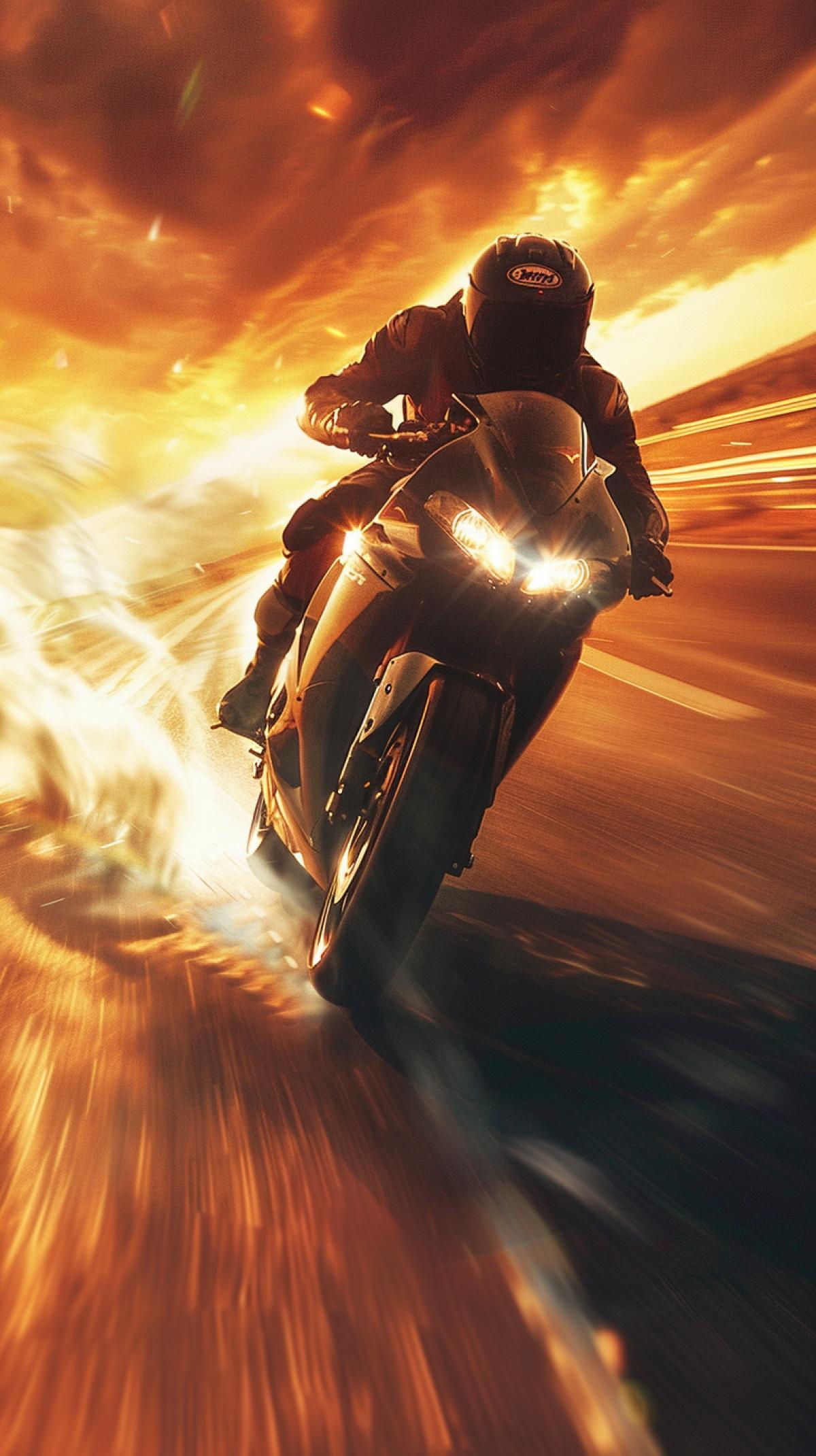 The dynamic scene of the motorcycle races from the film actor Evgeny Leonov: 1 Participates in motorbines an image in which powerful motorcycles and brave racers rush along a winding highway, leaving flashes of light and smoke from rubber, atmosphere of the film Kin-Dza Dza