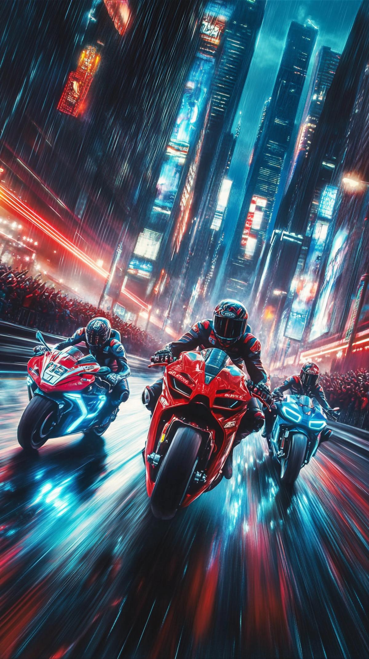 A poster of an action movie with three super-fast, red and blue motorcycle racers on the streets at night. The scene includes dynamic motion blur, a low-angle shot, and a crowd cheering on both sides. The skyscrapers are illuminated with neon lights. The sky has a dark color scheme, and the colors of the racers jumpsuits match the paint colors of their motorcycles. The design features bold lines and high contrast, inspired by classic American sci-fi action movies.