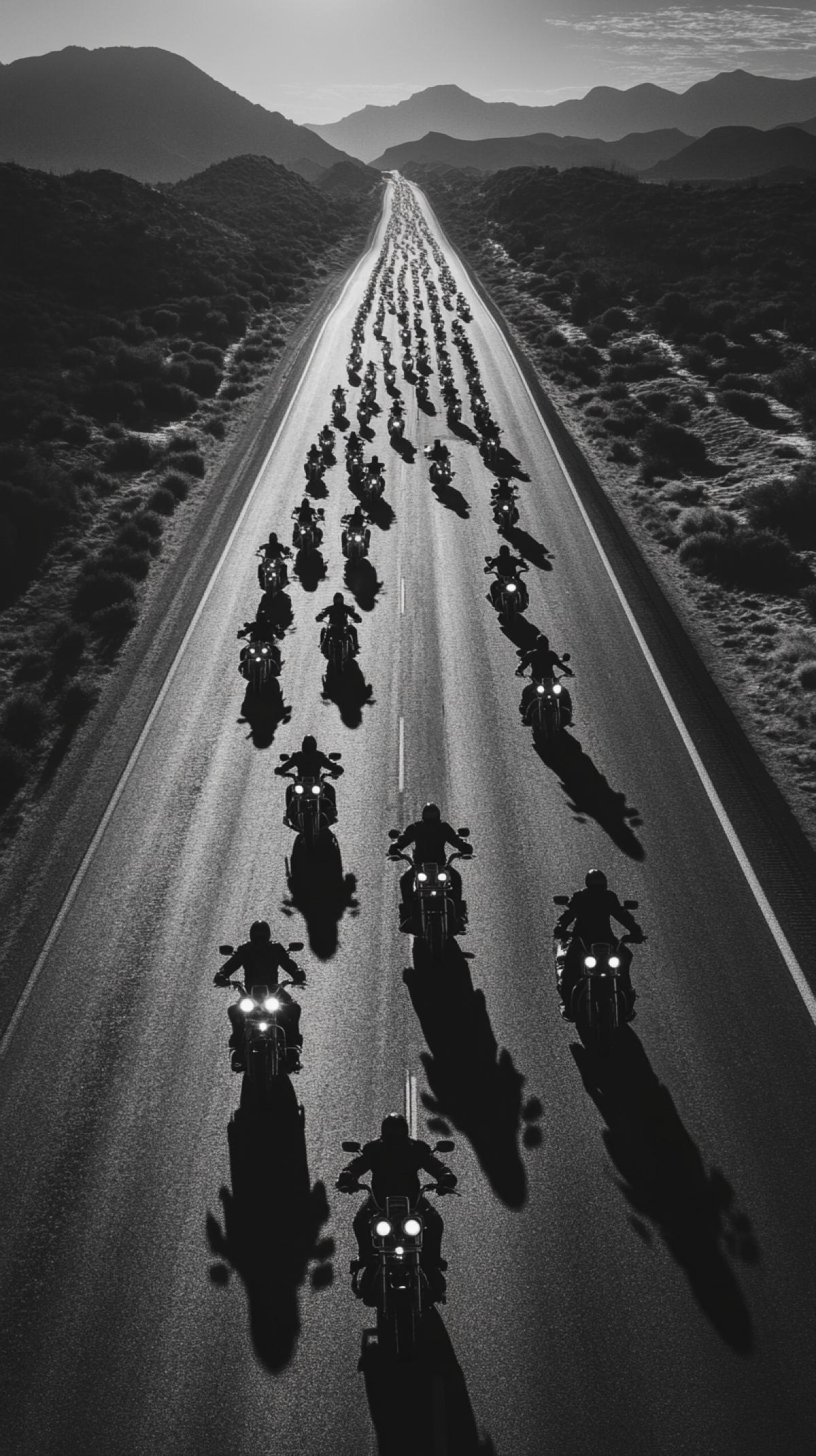 Aerial view of a massive group of Harley Davidson motorcycles riding along a highway, centered in the middle of a dark and white photograph. In the style of Helmut Newton.
