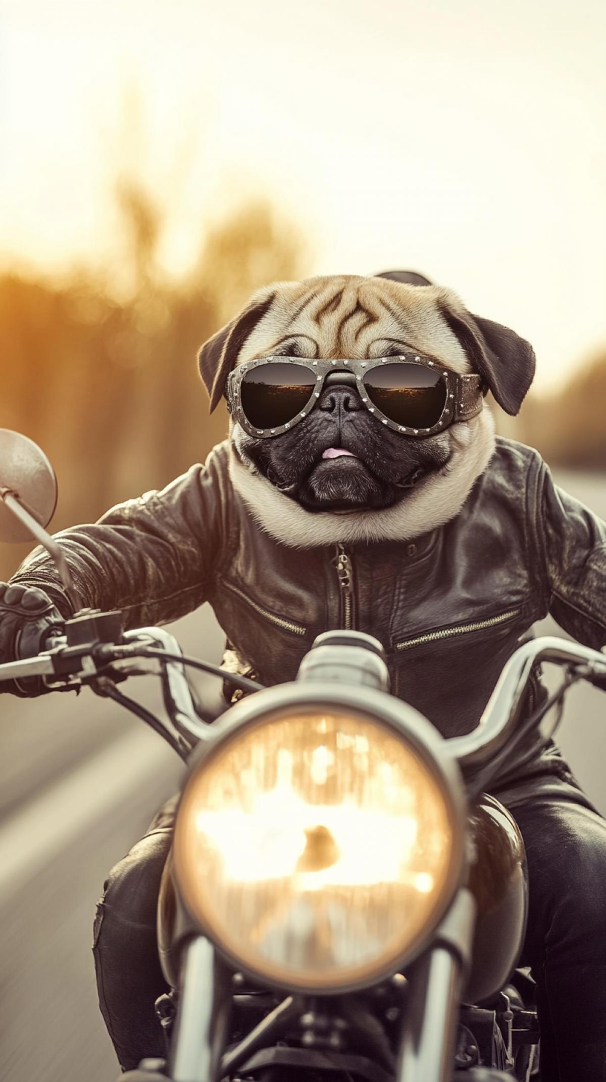 Pug Punk on a Motorcycle, Road Animal, Cool. Motorcycle Dog, Motorcycle Racing Speed, Dynamic Motorcycle Racing scene
