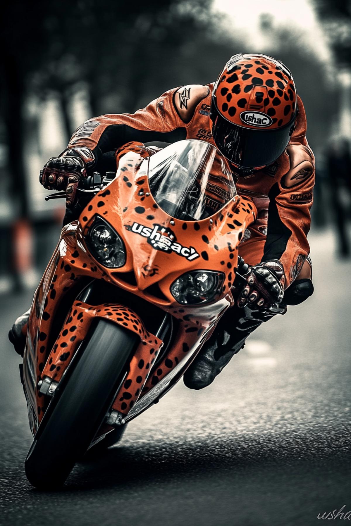 The Motorcycle, Resembeling An Aggressive Cheetah, Wins The Motogp Race. The PhotoGrapher Successfully Captured the Feeling of Speed.. Signature in the lower right corner \"ushac\"