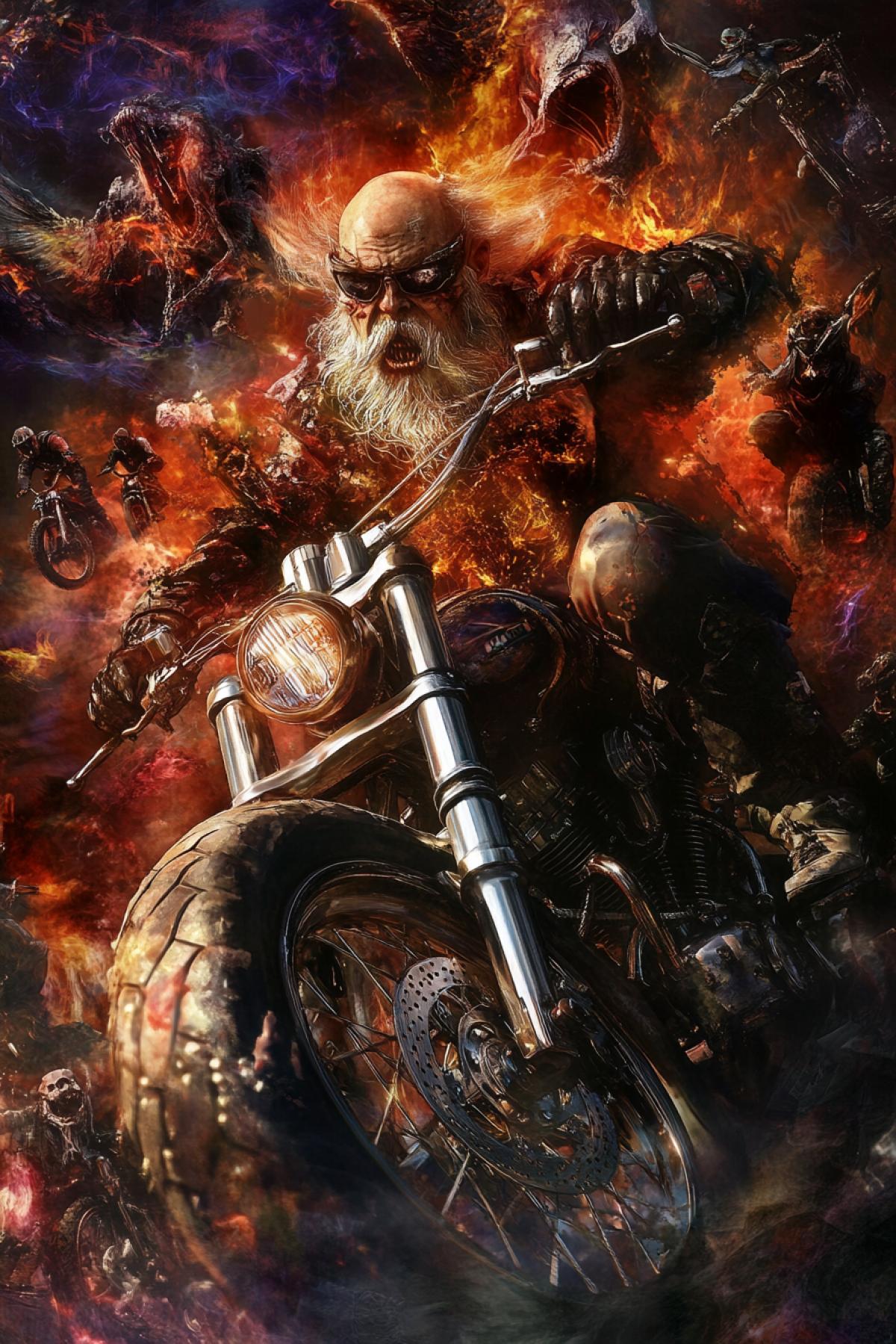 A lot of bikers, in the style of crazy max, psychedelik, Gothic, flicker, realistic image, photoshop