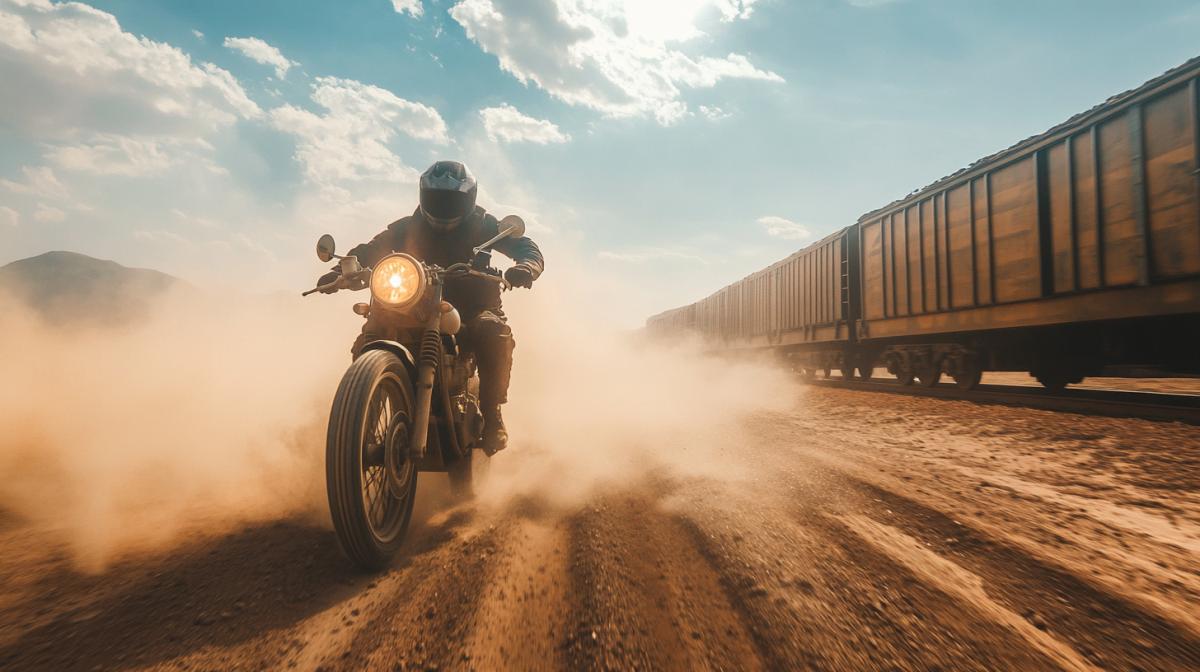 A quick traveling motorcycle with a train from under the wheels of gravel and sand. Shooting mode