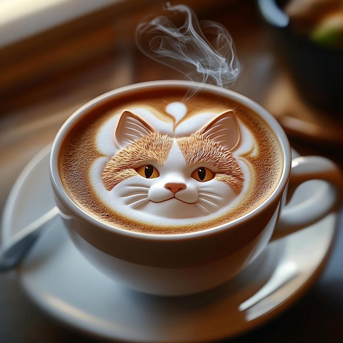 Beautiful Latte-art, in a beautiful cup of coffee on milk foam, a drawn 3D cat+latte art, saturated smoke above the cup, 32k, 3D-living, the depth of the frame, volumetric shadows, the correct com4k in the frame, pastel natural tones, pastel natural tones. backlight
