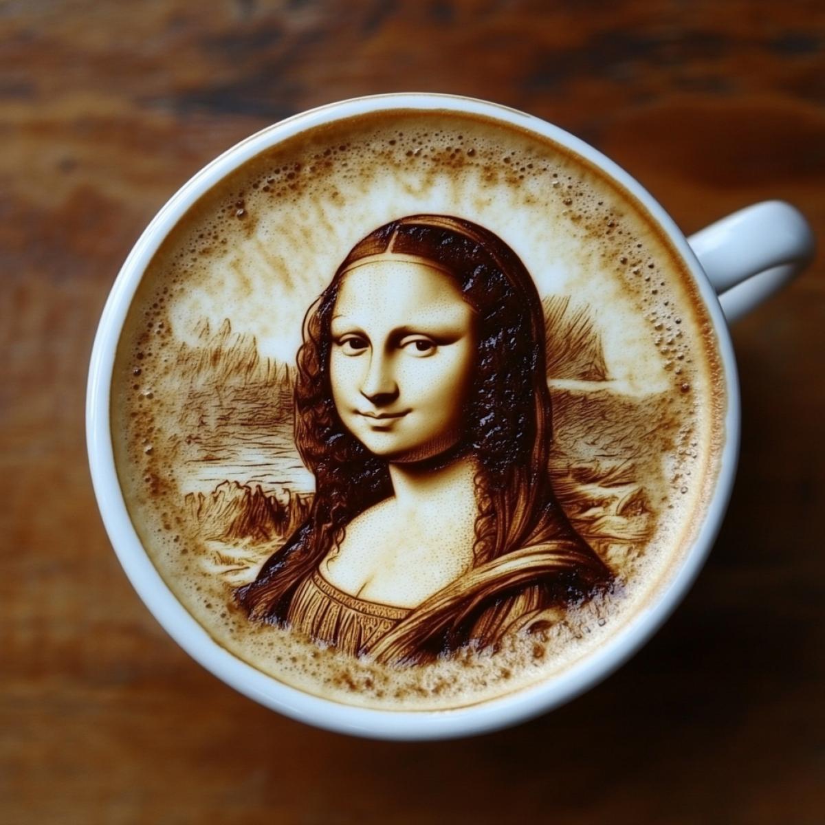 Fantasy of Coffee Latte Mona Lisa in a beautiful cup, view of the top. beautiful, spectacular photo of high quality