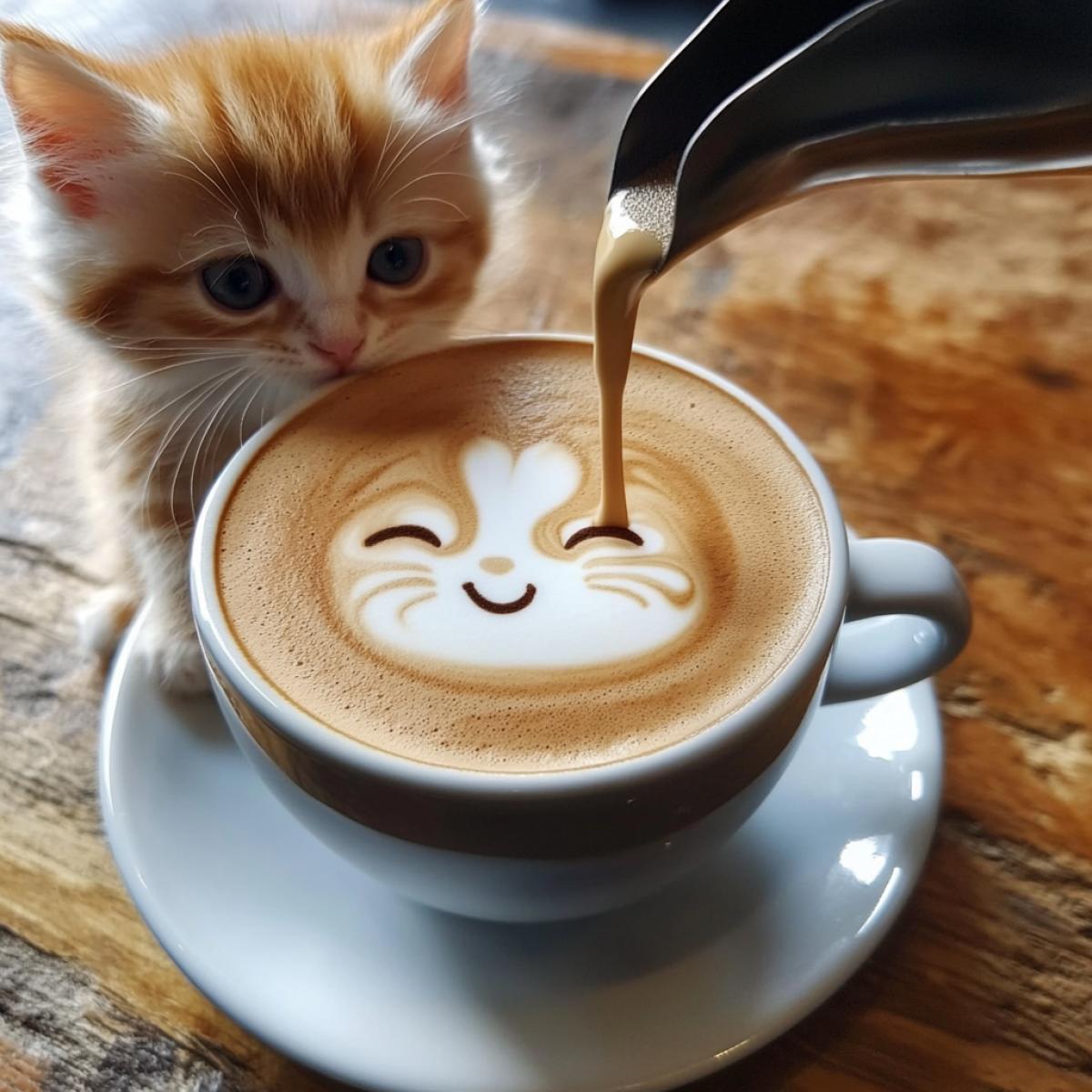 Milk is poured into a cup of coffee. On the surface of the coffee foam depicts a face of a smiling kitten, made in the style of latte art. A real red kitten sits next to the cup, which peeps out from behind the edge of the cup, as if watching the process. The cup stands on a saucer