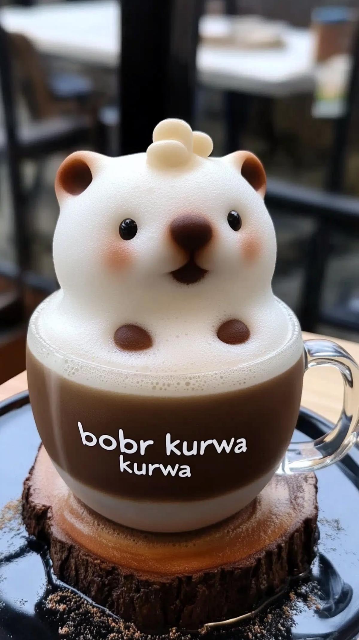3d latte art beaver. beaver latte foam. a cup holder made of a piece of wood. the text on the cup is \" bobr kurwa \". The background is blurry, a log