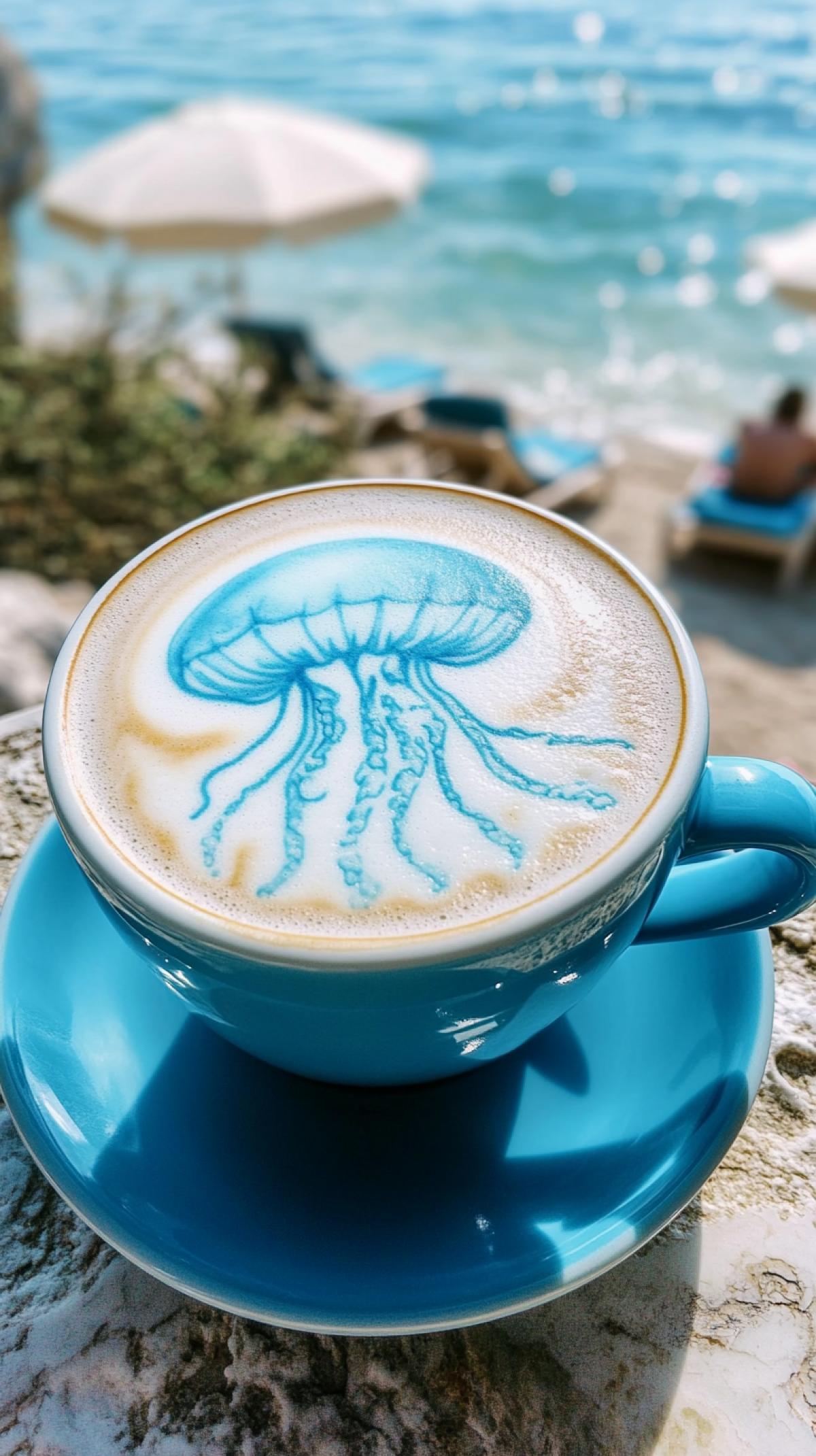 blue latte art with a jellyfish depicted on the foam. blue cup and saucer, blue latte coffee. view from above. blurred background of the sea beach, umbrellas and sun beds