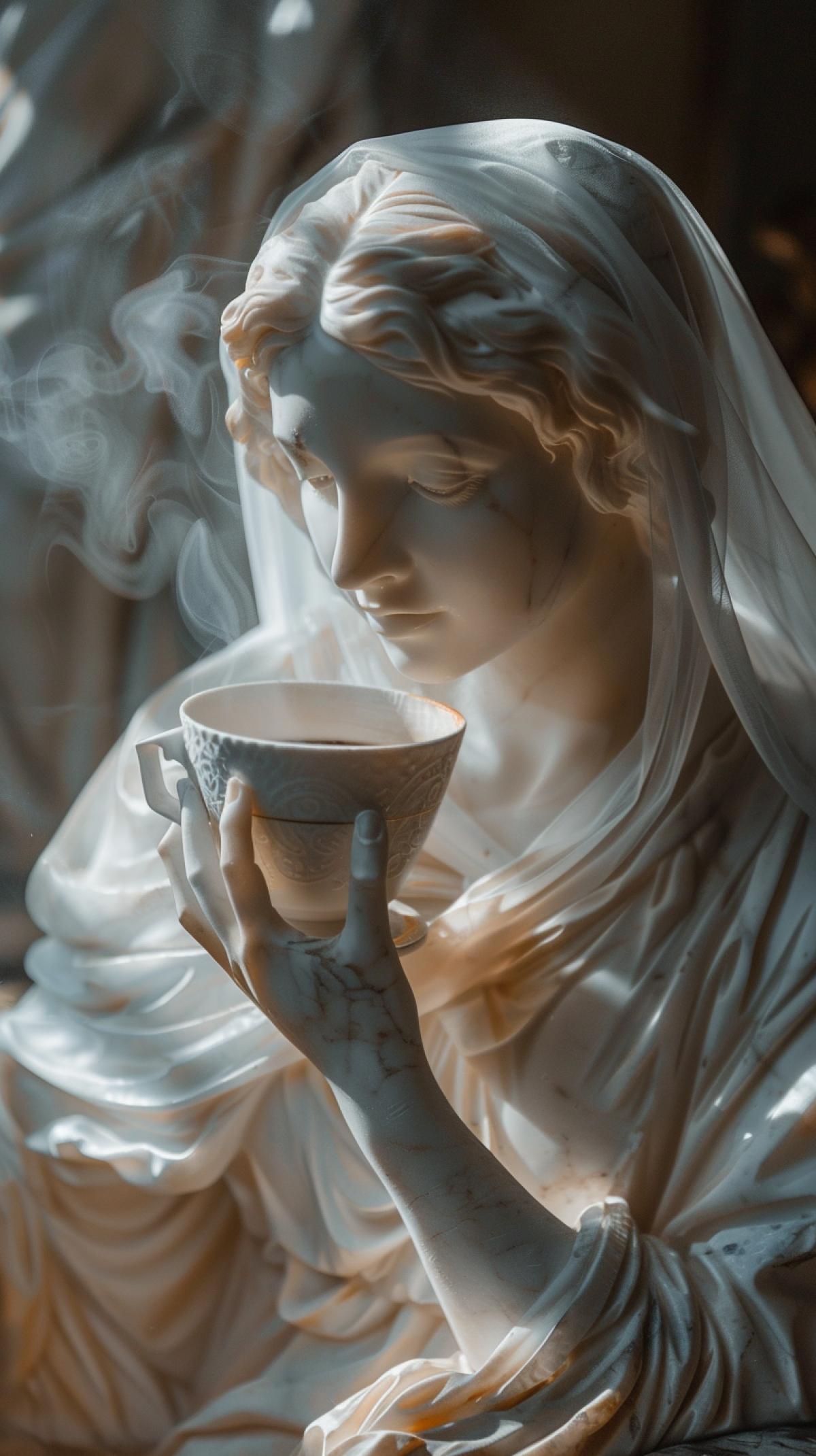 The girl in the veil a marble statue in the style of Italian sculptors of the 16th century holds a mug of hot cappuccino, the atmosphere of a big Italian palace, twilight, dust in the rays of light, the aroma of coffee, the play of light and shadows, a photograph of high quality