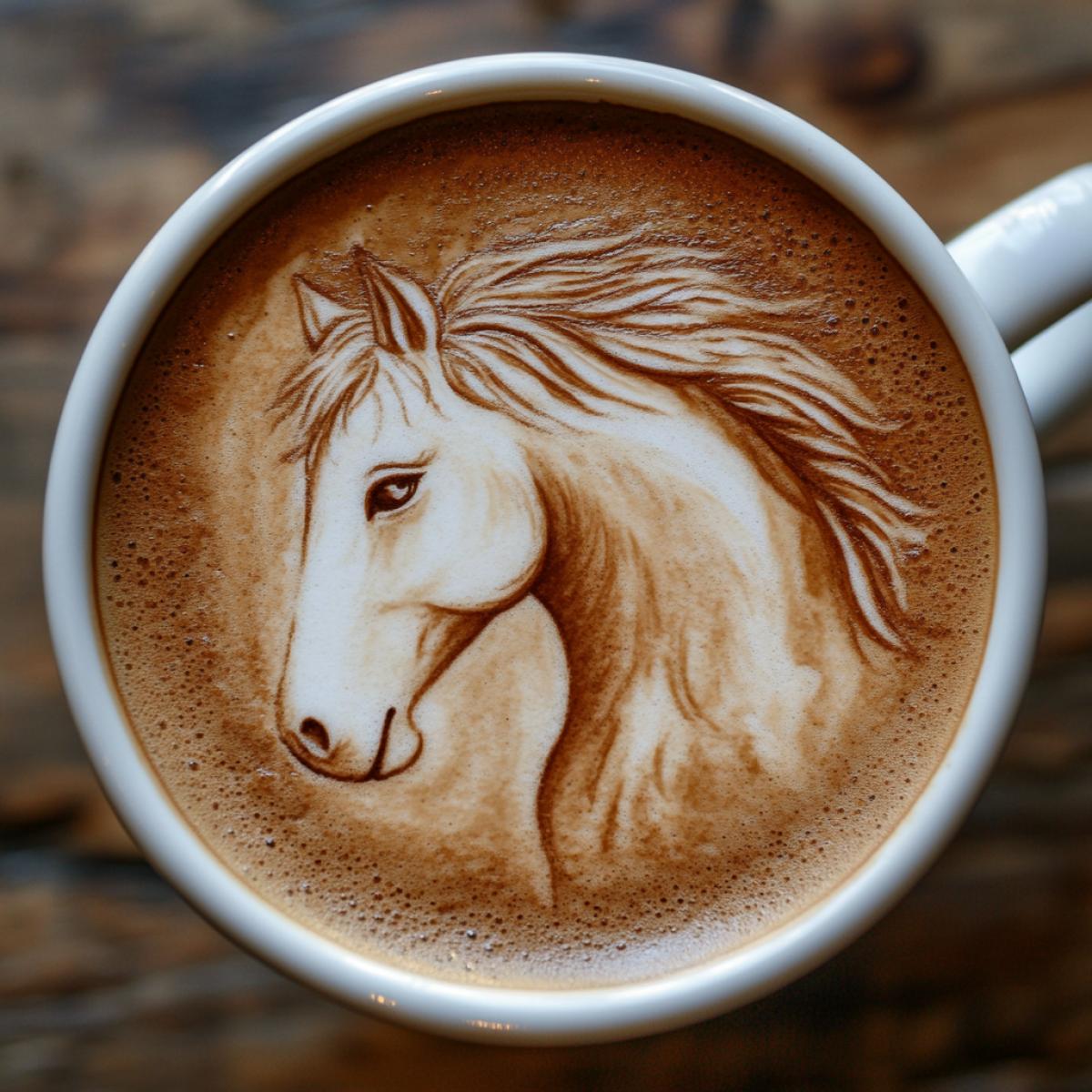 Picture of a horse on the foam of coffee late