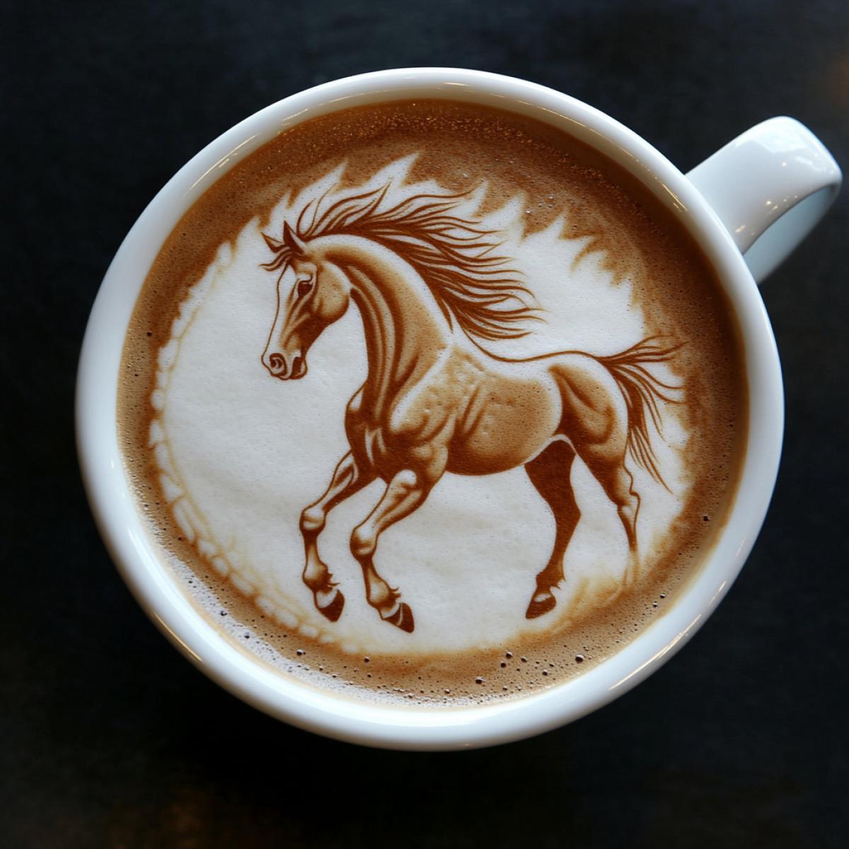Picture of a horse on the foam of coffee late