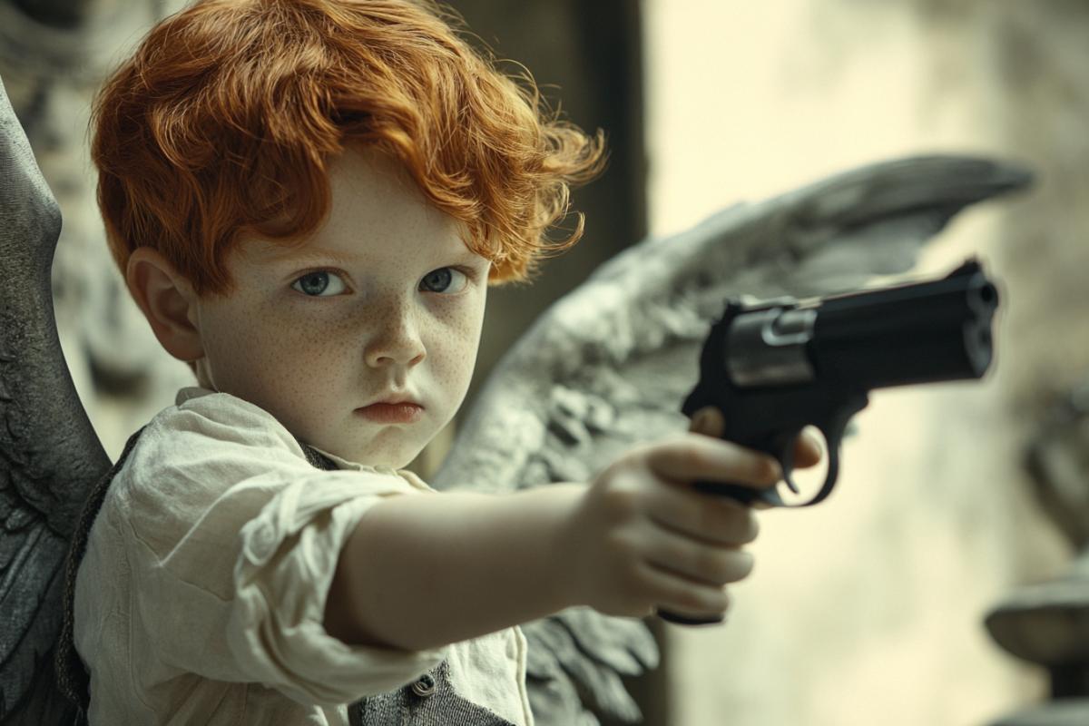 A small redhaired hemp boy directed a plaything pistol towards the guardian angel