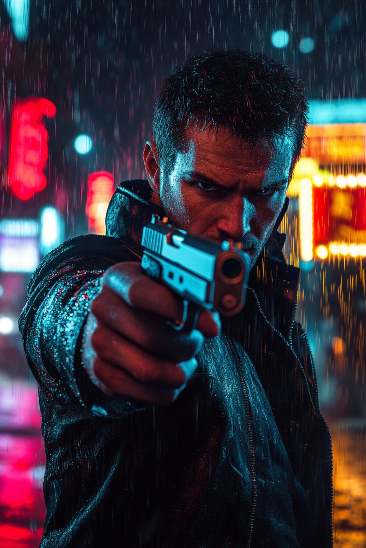 A man in a dark leather jacket holding a gun with a silver barrel, a tense look, a dark city background with neon signs, rain, the contrast of shadows and light, a dynamic 4k, detailed realism, cinematic lighting, atmosphere of noir, flying drops of water, reflection on wet asphalt