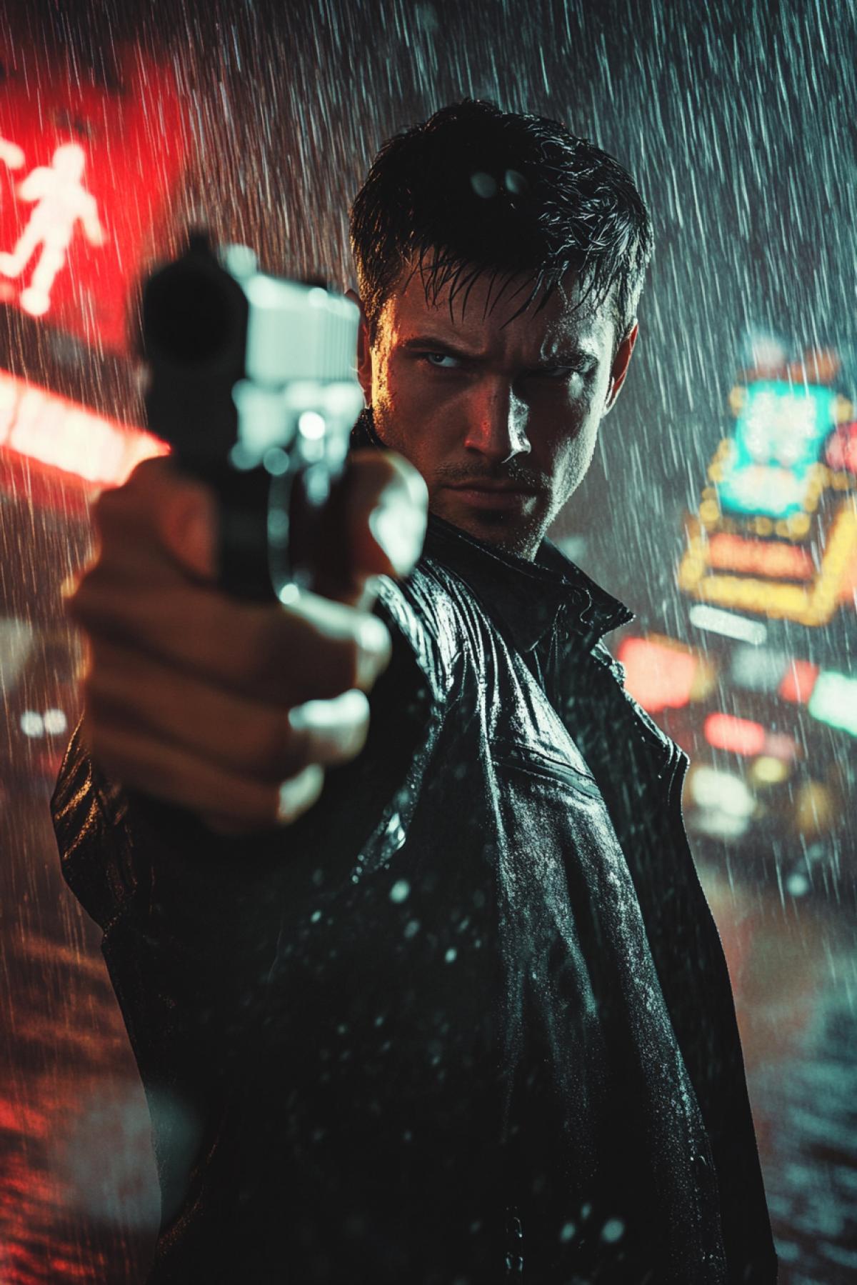 A man in a dark leather jacket holding a gun with a silver barrel, a tense look, a dark city background with neon signs, rain, the contrast of shadows and light, a dynamic 4k, detailed realism, cinematic lighting, atmosphere of noir, flying drops of water, reflection on wet asphalt