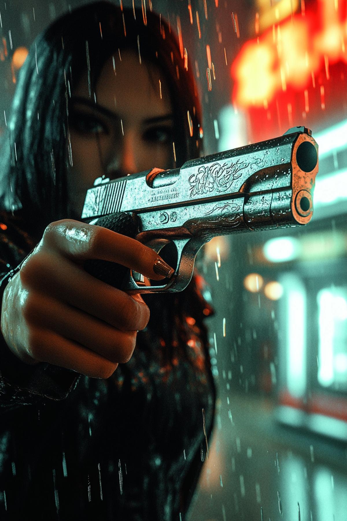 A woman in afitting suit made of dark leather holds a silver pistol with engraving, a futuristic city-none city with neon signs, rain, reflection in puddles, a sharp contrast of light and shadows, dynamic 4k, a decisive and cold look, a cyberpunk style, detailed textures, high detail 8K, atmosphere of danger and stress.