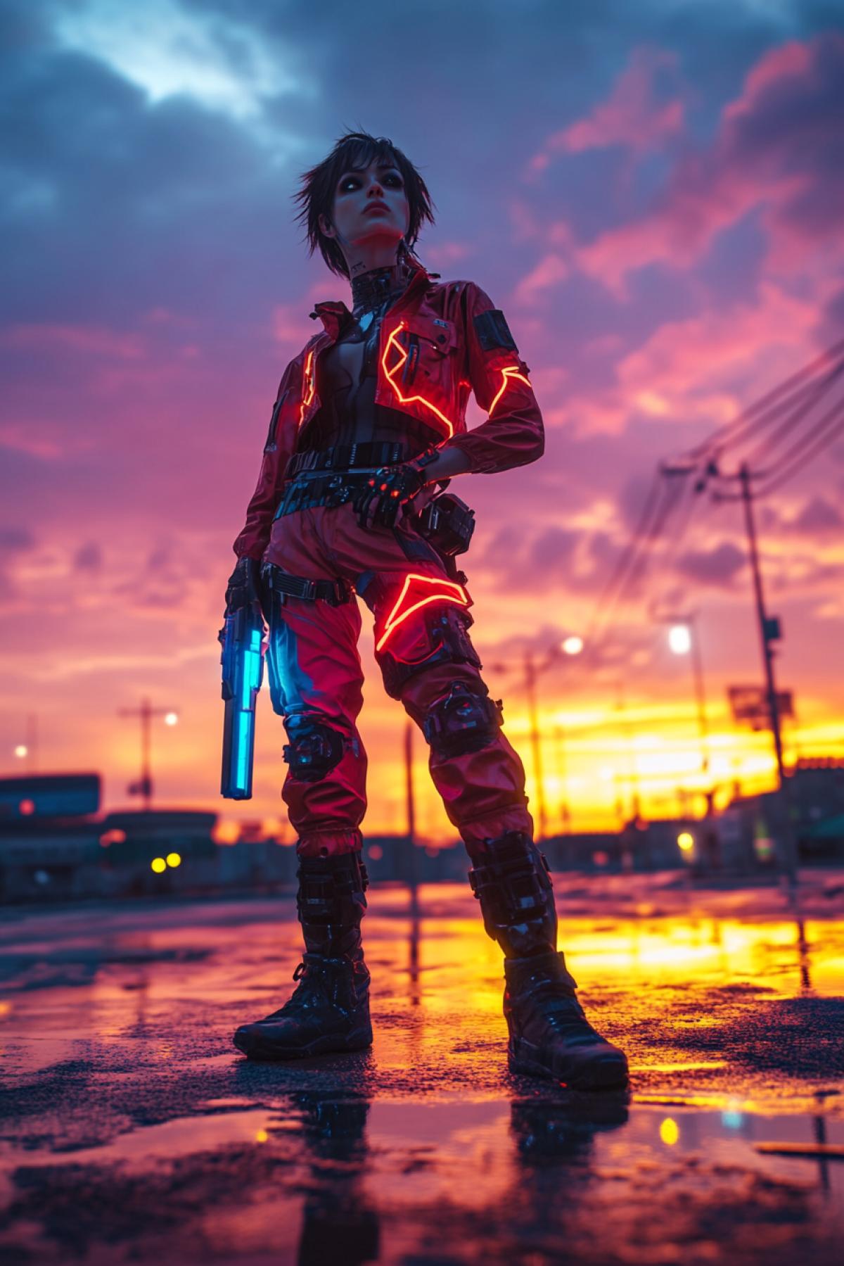 A realistic portrait of a woman with a cyberpunk pistol, a futuristic city in the background, neon lights, a sunset sky with purple-orange clouds, wet asphalt after rain, reflection of neon in puddles, a woman in a dark and red suit with technological details, short cut hair with neon strands, a look focused and Decisive, pistol with blue illumination, dynamic 4k in semiprecision, atmosphere of danger and tension, ultrahigh detail, contrast of shadows and light, kinematographic lighting, 16: 9, style hyperrealism with elements of surrealism, 4k
