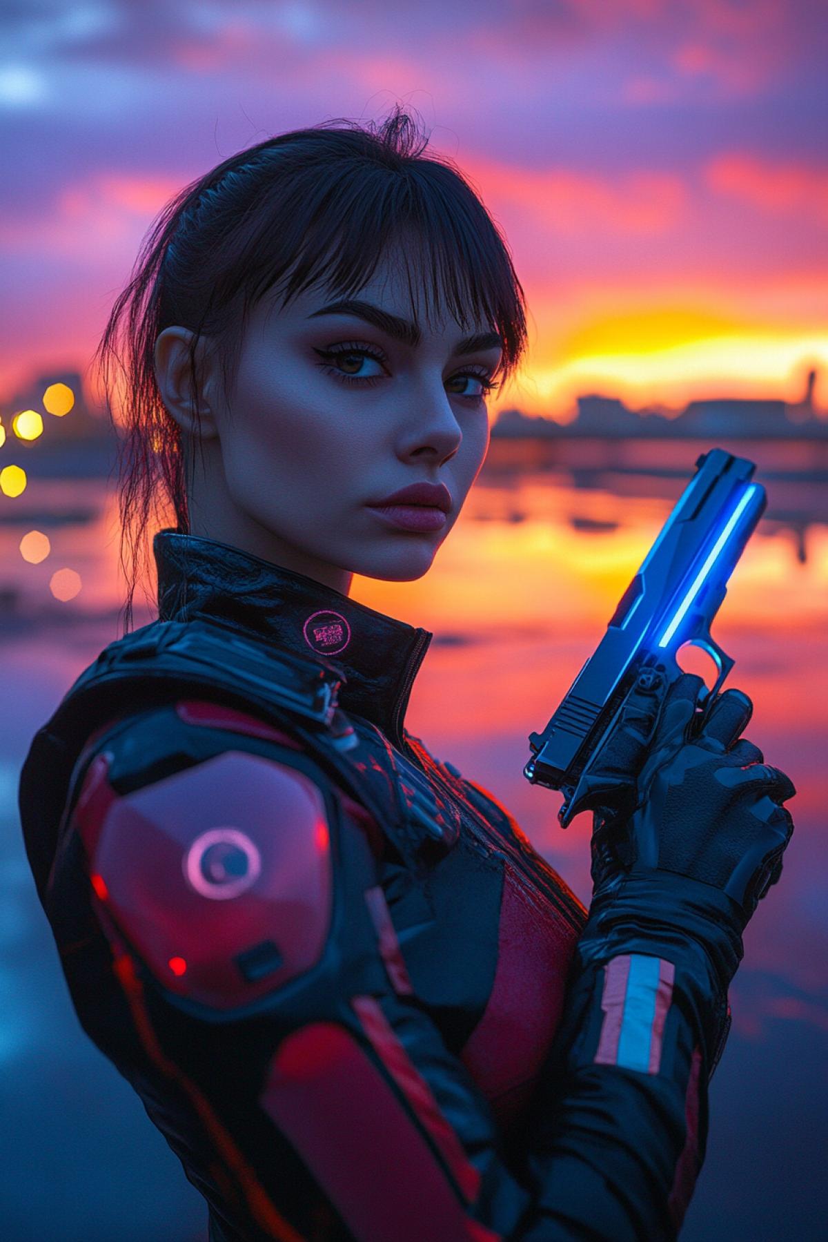 A realistic portrait of a woman with a cyberpunk pistol, a futuristic city in the background, neon lights, a sunset sky with purple-orange clouds, wet asphalt after rain, reflection of neon in puddles, a woman in a dark and red suit with technological details, short cut hair with neon strands, a look focused and Decisive, pistol with blue illumination, dynamic 4k in semiprecision, atmosphere of danger and tension, ultrahigh detail, contrast of shadows and light, kinematographic lighting, 16: 9, style hyperrealism with elements of surrealism, 4k