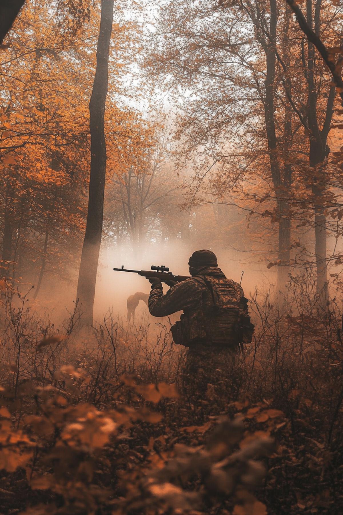 A man with a rifle in the forest, hunting in the early morning fog, thick trees, autumn leaves underfoot, camouflage clothes, aim in a deer in the distance, soft sunlight through the branches, the atmosphere of tension and unity with nature.