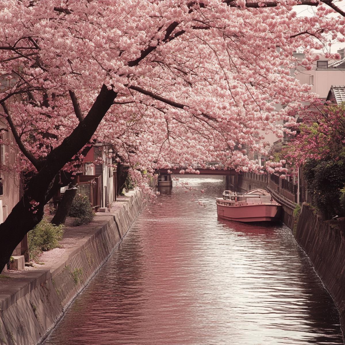 Embankment in Japan with sakuras against the background