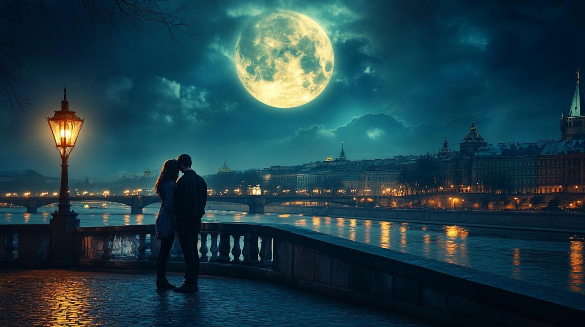 The embankment with beautiful railings, a large moon shines, two lovers look at the moon, the woman laid her head on the shoulder of the man. The lantern on the embankment shines. The glow from the moon, Romance is light. Photo of high quality