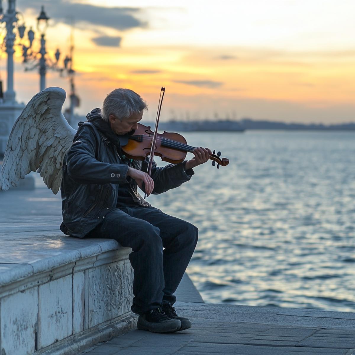 The embankment in the resort city, the sea, on the embankment, the poor violinist in an angel with wings plays on the violin, next to the ground for collecting money. Romantic. The view from the side of the third person. Photo of high quality