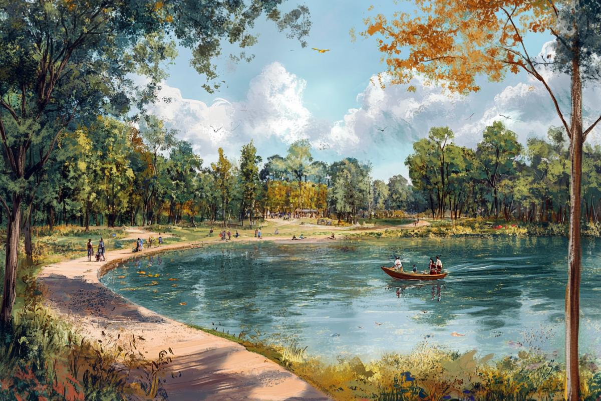 Embankment near the forest, a small lake nearby, people go, ride on scooters, in Lake a boat with tourists