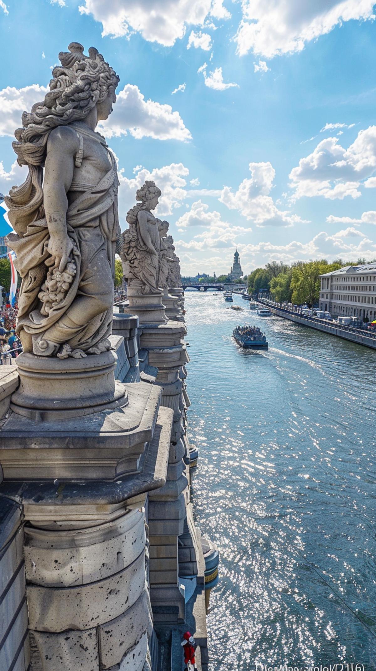 River embankment View from the Captains bridge of the ship, along the banks of the river are big marble and granite statues, a jubilant crowd, the atmosphere of the holiday on the planet of the Emperor of the Universe Warhammer, a highquality photo