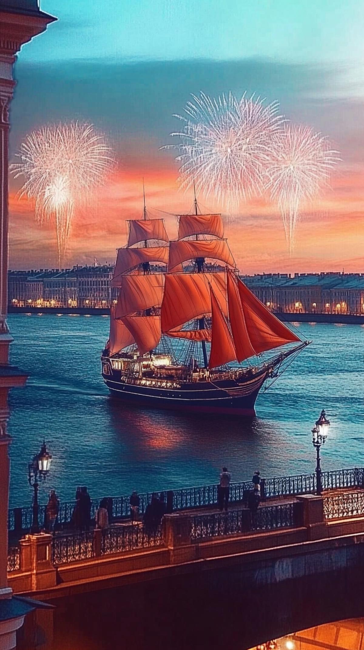 St. Petersburg embankment, we see a frigate with scarlet sails sailing along the river, night, fireworks, drawbridge, high detail