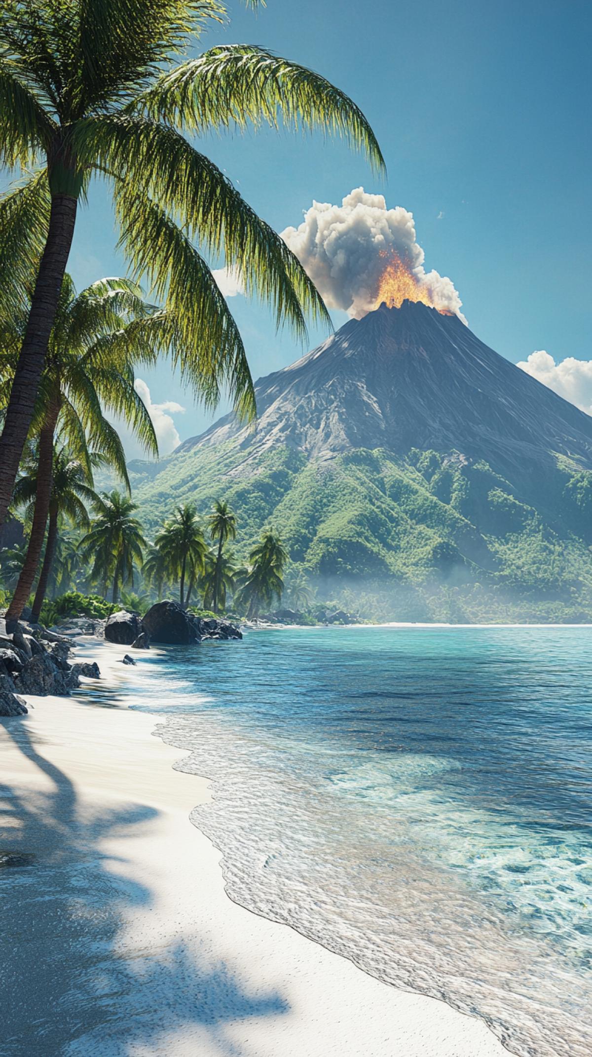 the embankment on a deserted island. palm trees and white sand. azure water. A volcano is erupting on the horizon. high detail. photo