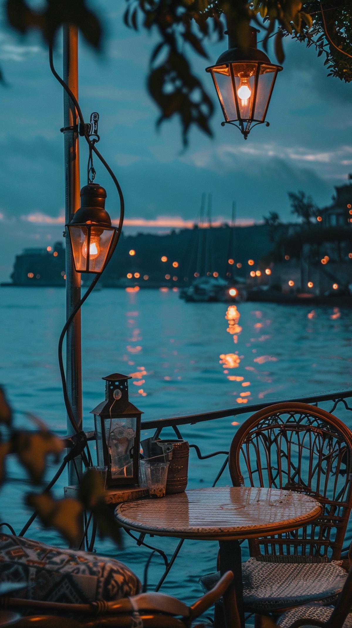 Sea view from behind the table of the Primorsky cafe on the embankment, the atmosphere of recreation in the dark Sea resort, walking ships in the sea, an embankment with cast-iron lanterns is visible