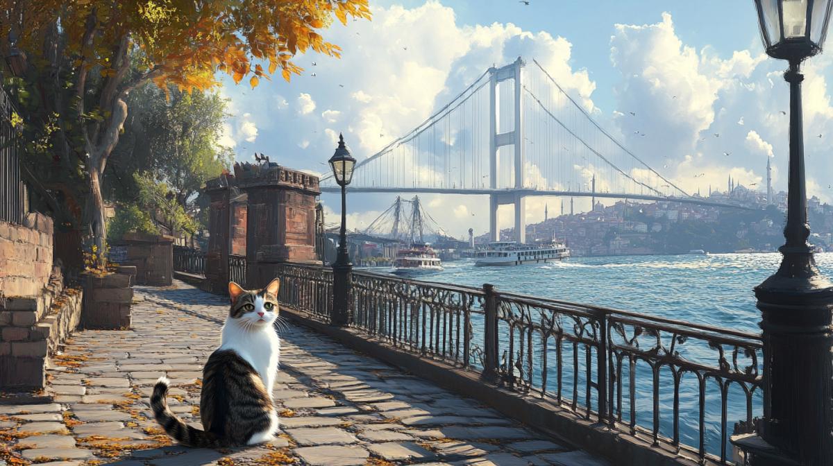 Bosphorus embankment in Istanbul, bridge, lanterns. The cat sits and looks at the bridge. A lot of light, bright Ultra-Realistic, epic, Art-Eklerika, clear lines, professionally photos, beautiful, aesthetically, photorealism.