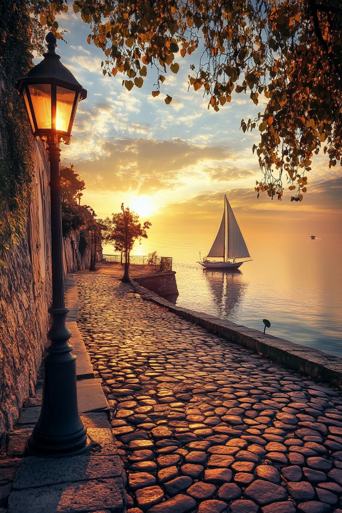 A breathtaking view of a historic набережная during golden hour, with warm amber and rose hues reflecting on calm waters. Capture intricate architectural details of vintage lampposts and cobblestone paths, with a lone sailboat in the distance. Use hyper-realistic textures, cinematic depth of field, and a touch of lens flare for a nostalgic, award-winning com4k.