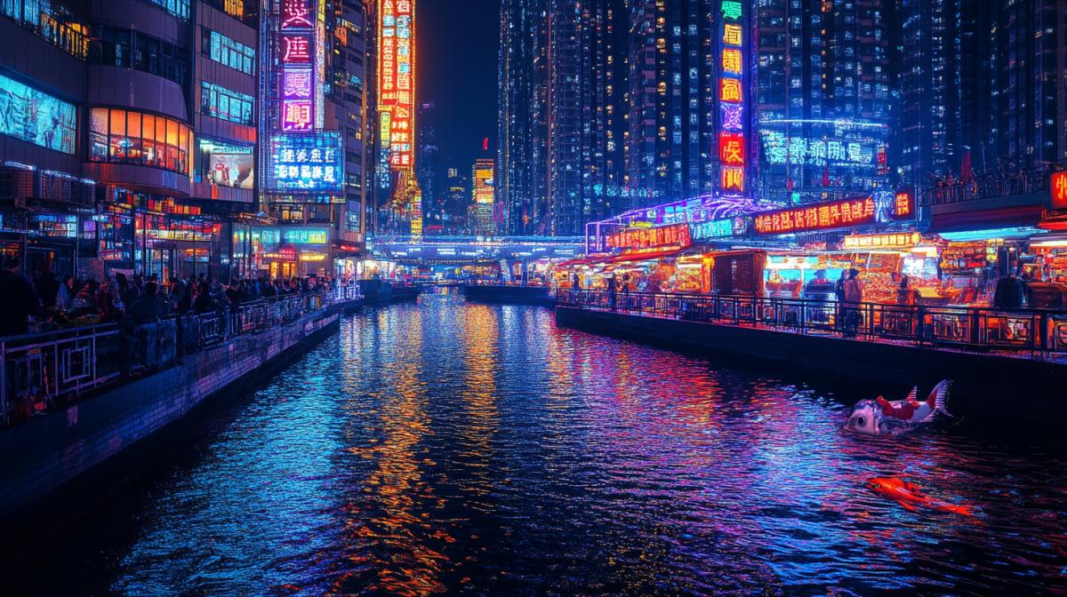 A dynamic nighttime набережная transformed into a cyberpunk paradise. Neon signs in Cyrillic flicker over dark-mirror waters, holographic koi fish leap between skyscrapers, and crowds in glowing attire gather at floating food stalls. Use hyper-vivid colors, dramatic chiaroscuro lighting, and a telephoto lens effect to emphasize depth and energy.