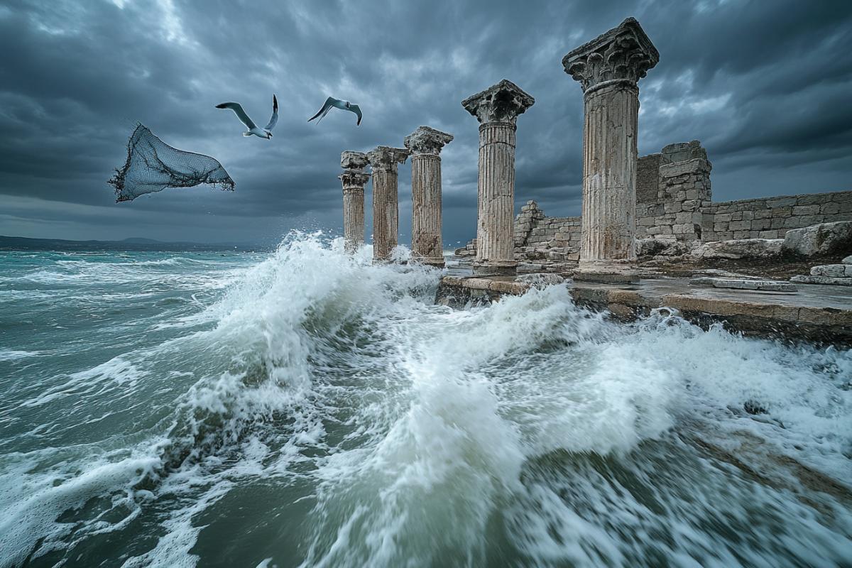 A tempestuous waterfront where crashing turquoise waves meet ancient stone pillars. A fisherman’s net flies in the wind, seagulls defy the storm, and rain streaks horizontally under a brooding sky. Shot with a wide-angle lens, frozen motion, and metallic accents in the foam. Raw, powerful, and unforgettablea surefire competition standout.