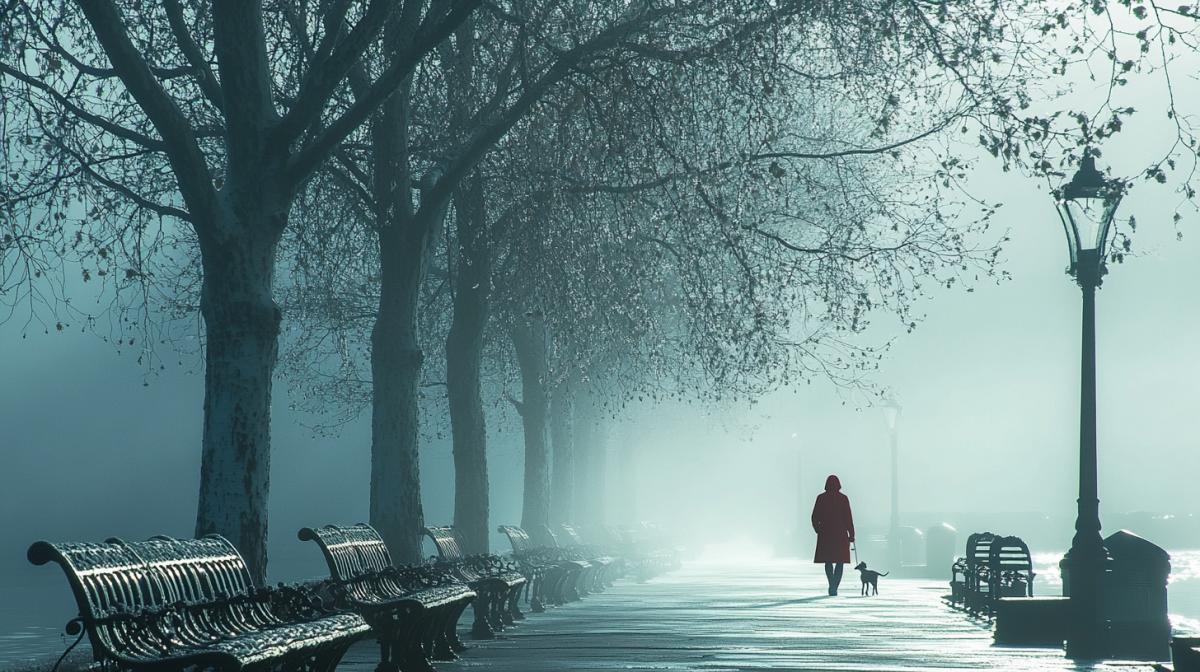 A surreal, mist-covered waterfront at dawn, where ghostly silhouettes of birch trees fade into a silver-blue haze. Soft sunlight pierces through fog, illuminating dew on wrought-iron benches and a lone figure in a red coat walking a dog. Ultra-detailed, moody atmosphere with a 16:9 cinematic ratioideal for evoking emotion in a competition.