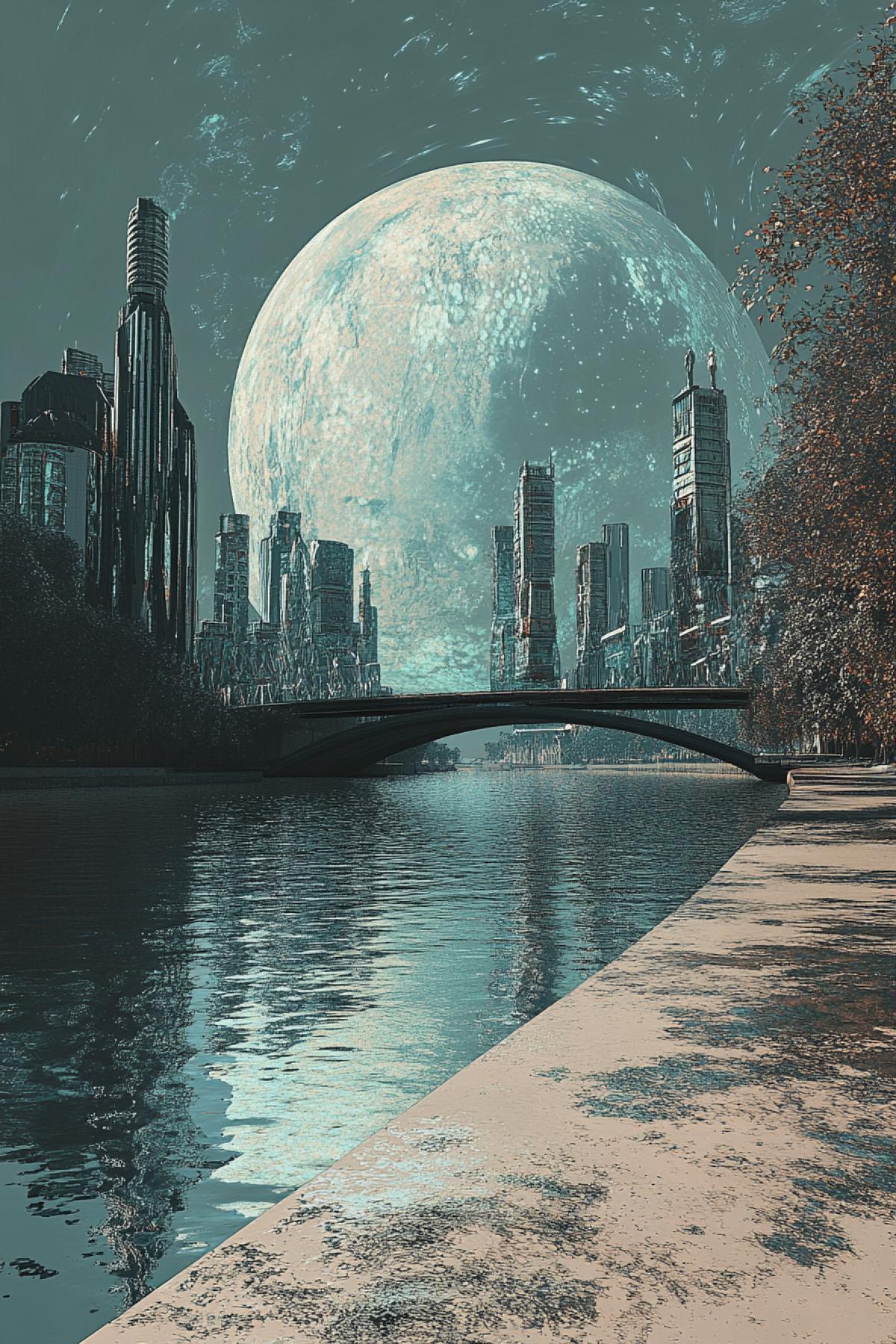 Embankment, in the style of the artist, maximalism, clear details, another planet, flicker, realistic image, photoshop