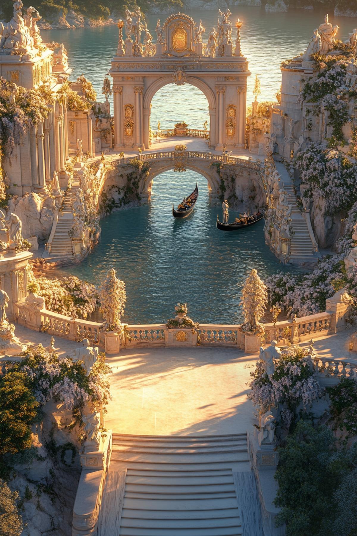A symmetrical, aerial view of a European-style набережная adorned with cascading wisteria and marble statues. Golden-hour light in water ornate bridges and gondolas gliding under arches. Style: Renaissance painting meets 8K realism, with hyper-detailed floral textures and a palette of ivory, gold, and azureperfection for a juried art contest.