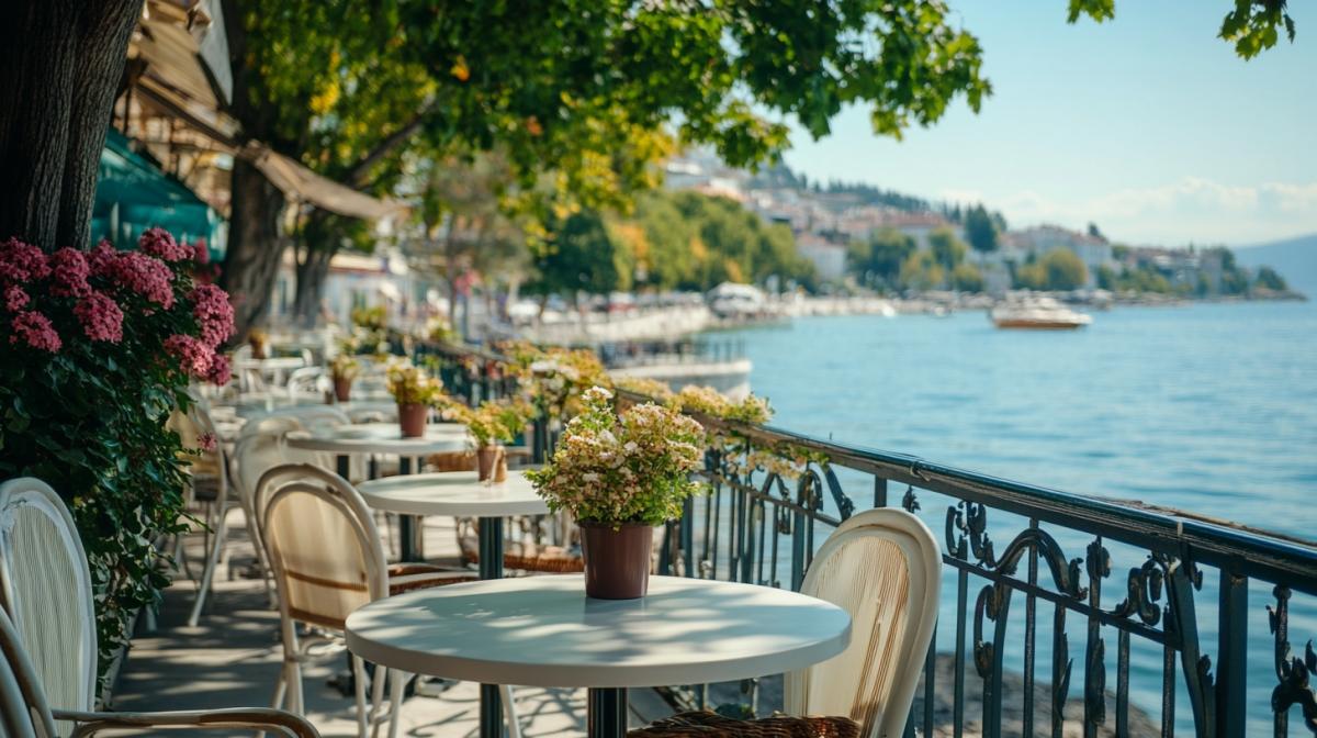 Summer cafe on the Sea embankment
