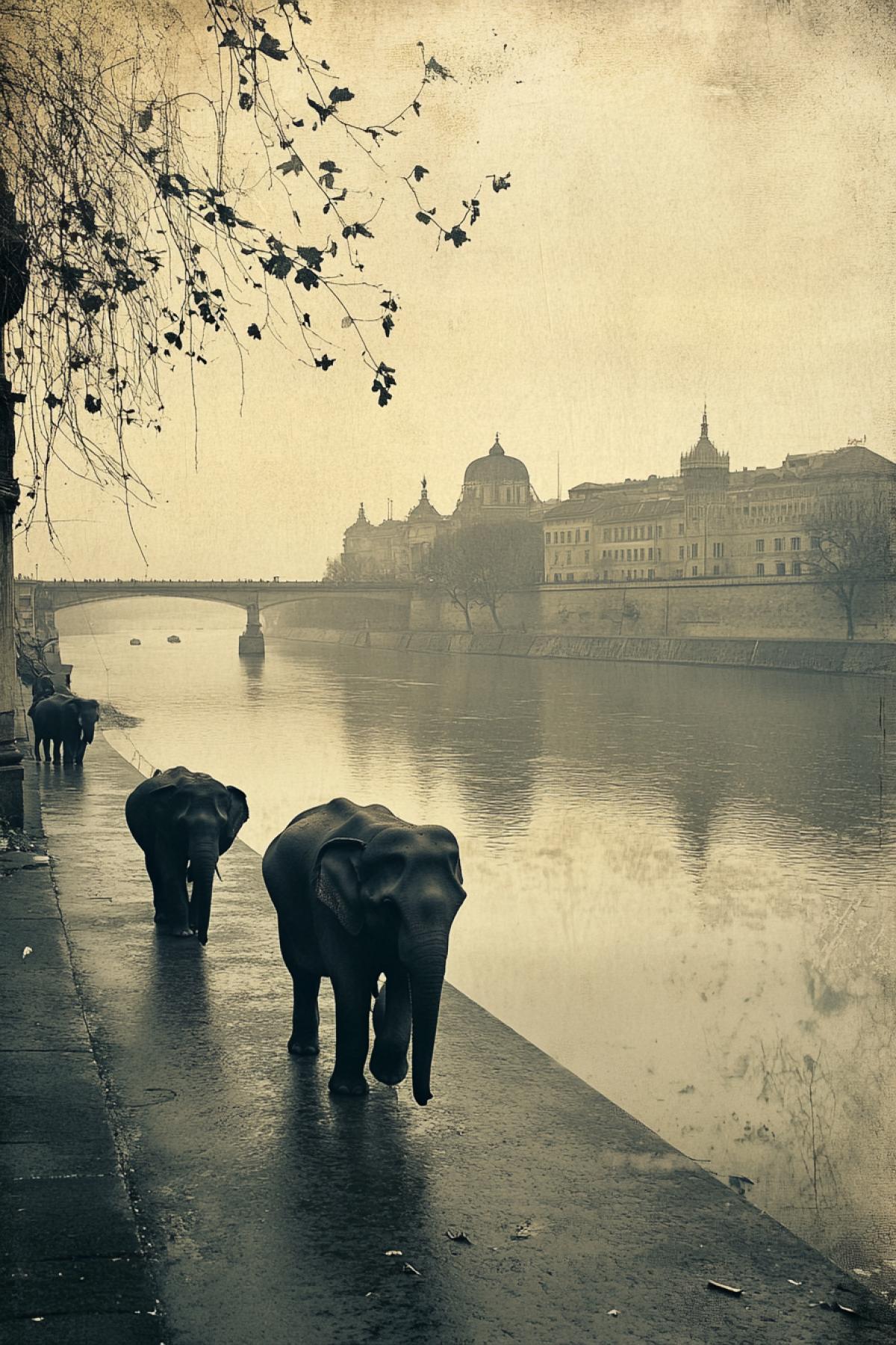 Retro photography, elephants go along the river along the embankment of the city