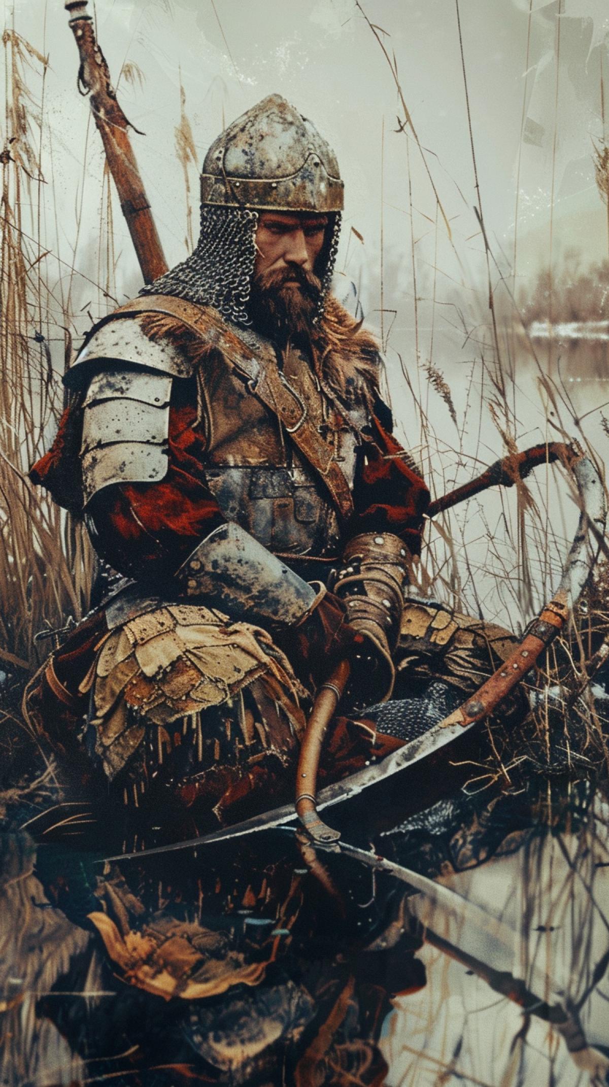 Image of a courageous Russian warrior, against the backdrop of a tape lake, elements of a national costume, weapons and armor, traditional ornaments, symbols and historical attributes, a photograph of high quality, play of light and shadow