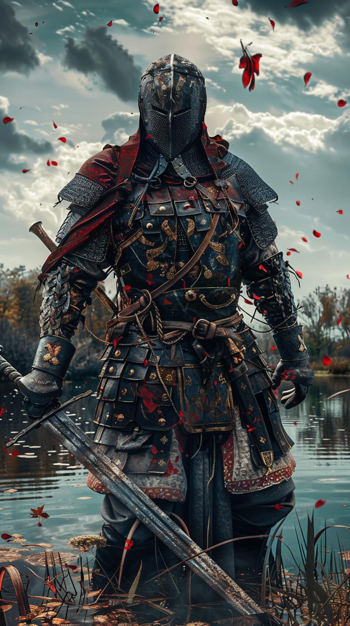Image of a courageous Russian warrior, against the backdrop of a tape lake, elements of a national costume, weapons and armor, traditional ornaments, symbols and historical attributes, a photograph of high quality, play of light and shadow
