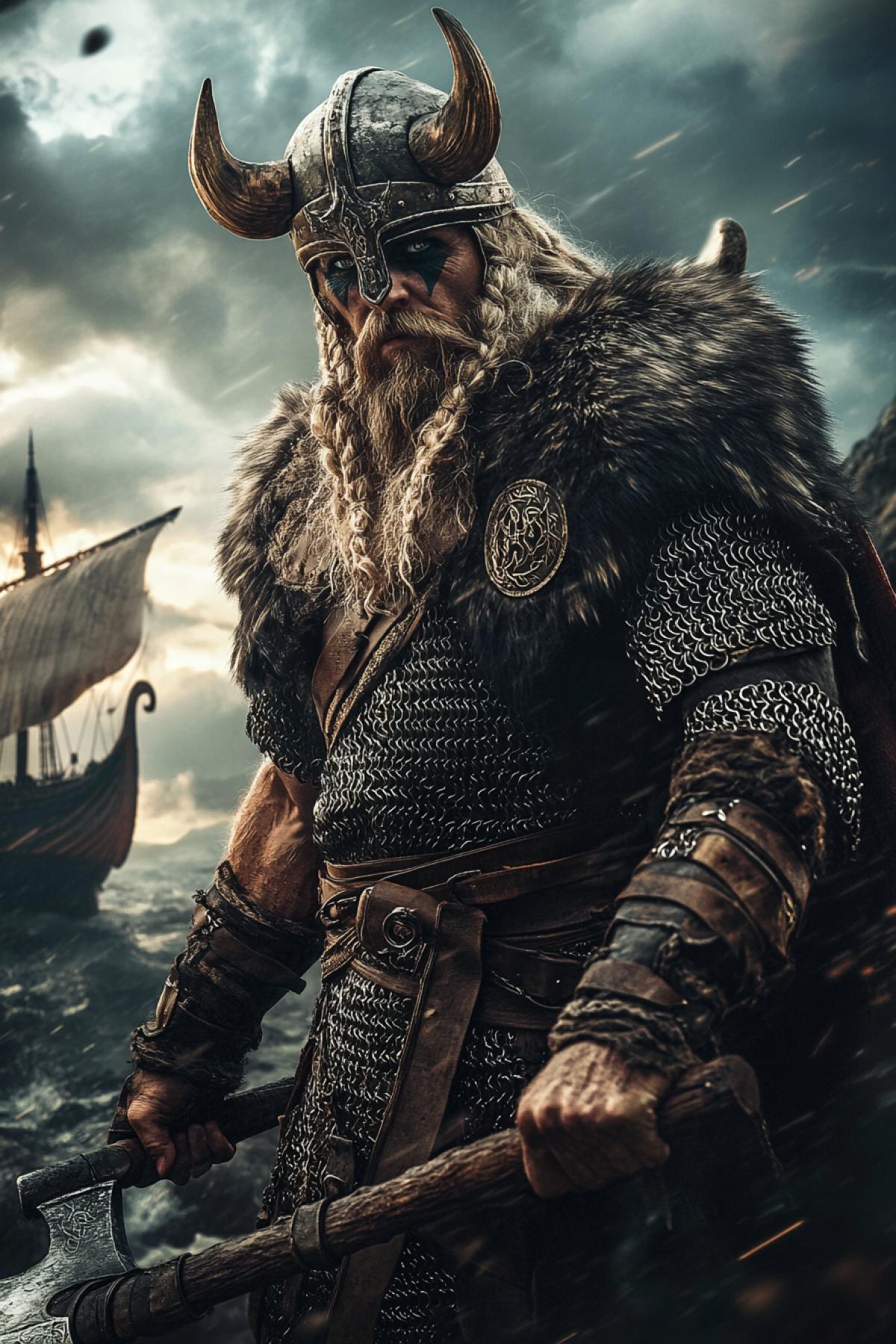 A fierce Viking warrior, standing on a stormy battlefield, wearing intricate chainmail, a horned helmet, and a fur cloak, holding a massive battle axe. The background shows a longship and a dramatic, cloudy sky. Hyper-detailed, realistic lighting, cinematic com4k, 8K resolution, epic atmosphere