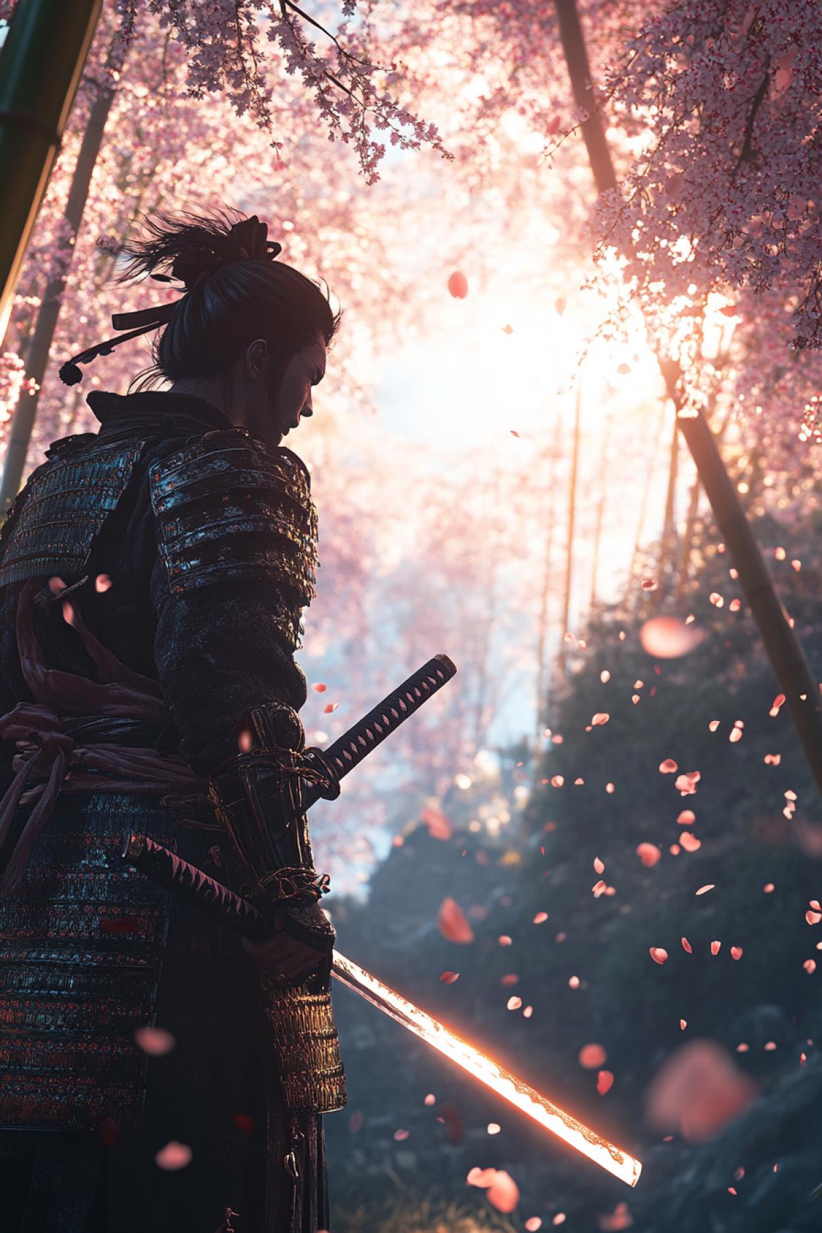 A stoic Japanese samurai in traditional armor (yoroi), standing in a serene bamboo forest, holding a katana with a glowing edge. Cherry blossoms fall around him, and the scene is illuminated by soft sunlight filtering through the trees. Ultra-realistic, vibrant colors, intricate details, cinematic depth of field, 8K resolution.