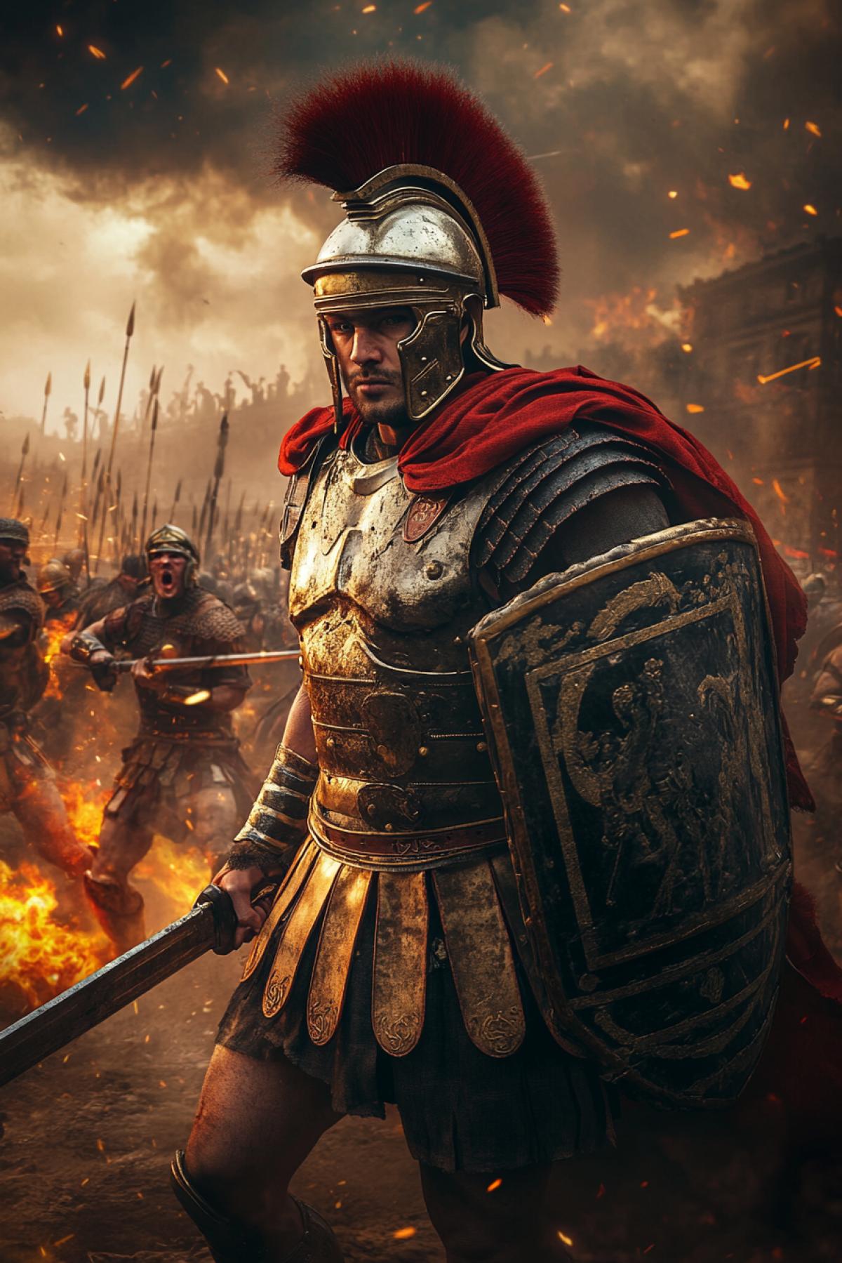 A Roman legionary in full battle gear, standing in the middle of a chaotic battlefield. He wears a lorica segmentata, a red cape, and a plumed helmet, holding a gladius and a rectangular shield. The background shows a burning city and other soldiers fighting. Ultra-detailed, dramatic lighting, cinematic com4k, 8K resolution, epic scale