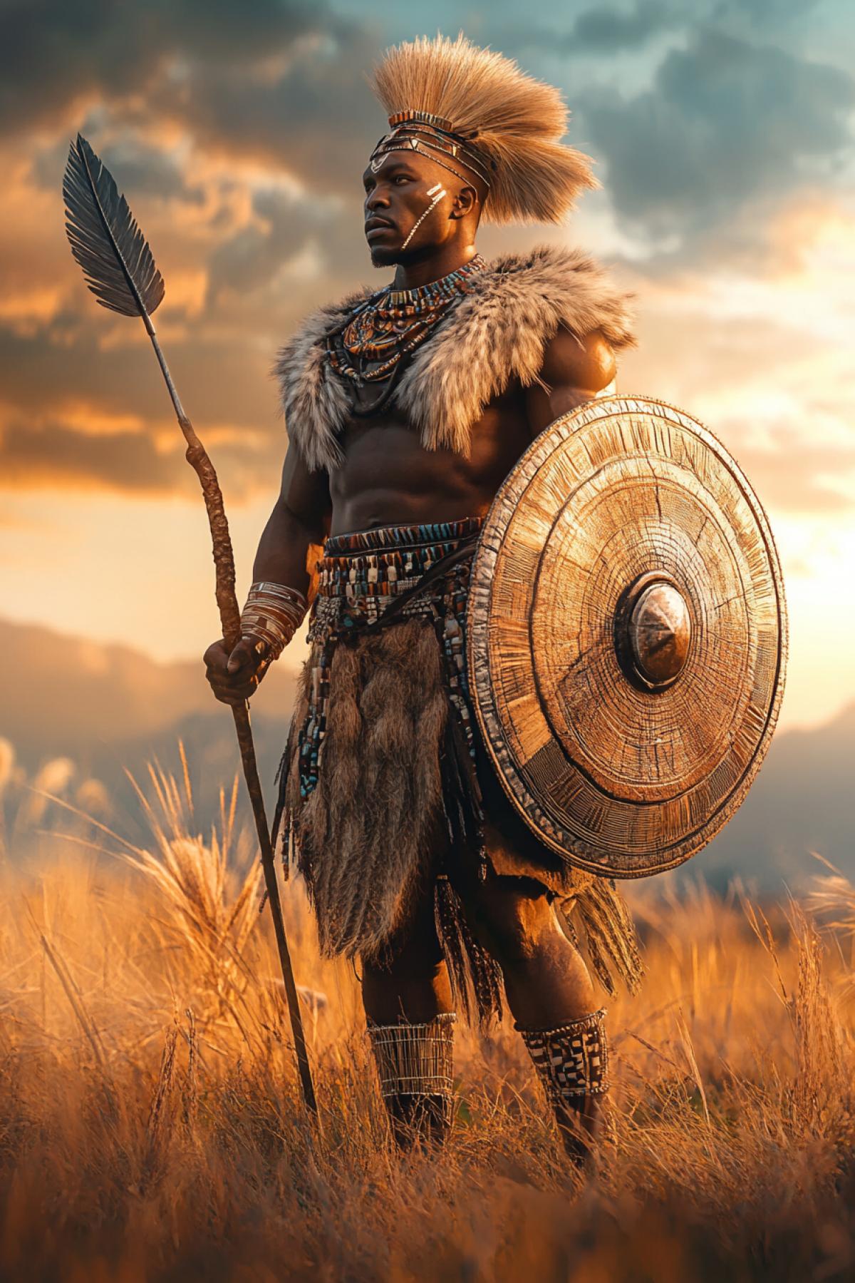 A powerful Zulu warrior, standing tall on a grassy savanna, holding a large shield and a spear. His traditional attire includes animal skins and feathers, with detailed beadwork. The background shows a dramatic sunset with warm, golden tones. Hyper-realistic, dynamic 4k, rich textures, cinematic lighting, 8K resolution