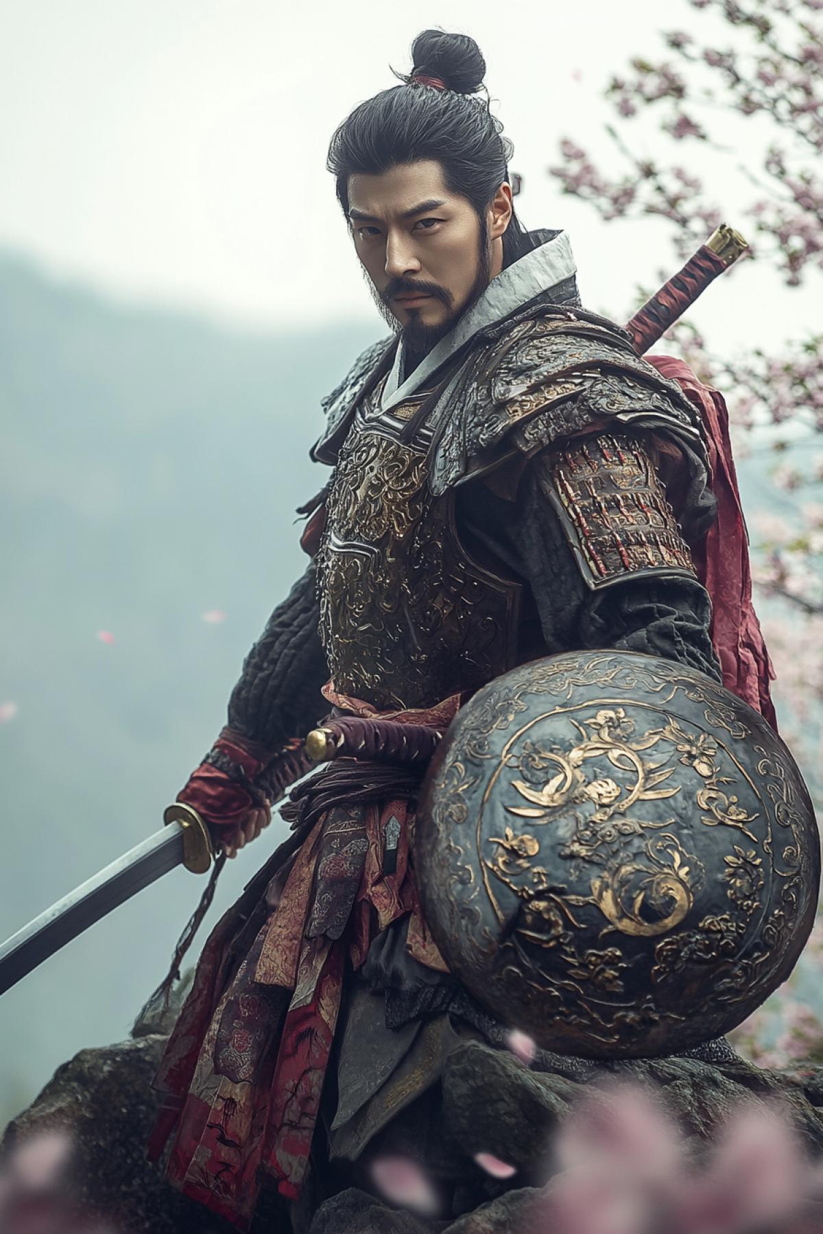A noble Korean Hwarang warrior, standing on a misty mountain peak, wearing traditional armor with intricate designs and a flowing robe. He holds a curved sword and a shield adorned with Korean symbols. The background features cherry blossoms and a serene landscape. Hyper-detailed, soft lighting, cinematic com4k, 8K resolution, ethereal atmosphere